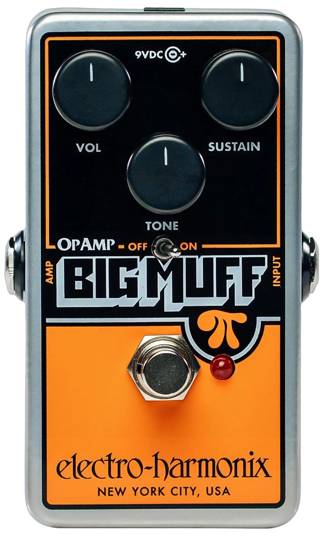 Electro-Harmonix Op-Amp Big Muff Pi, top view, silver and orange nano enclosure, Tone Bypass switch, Volume Sustain Tone