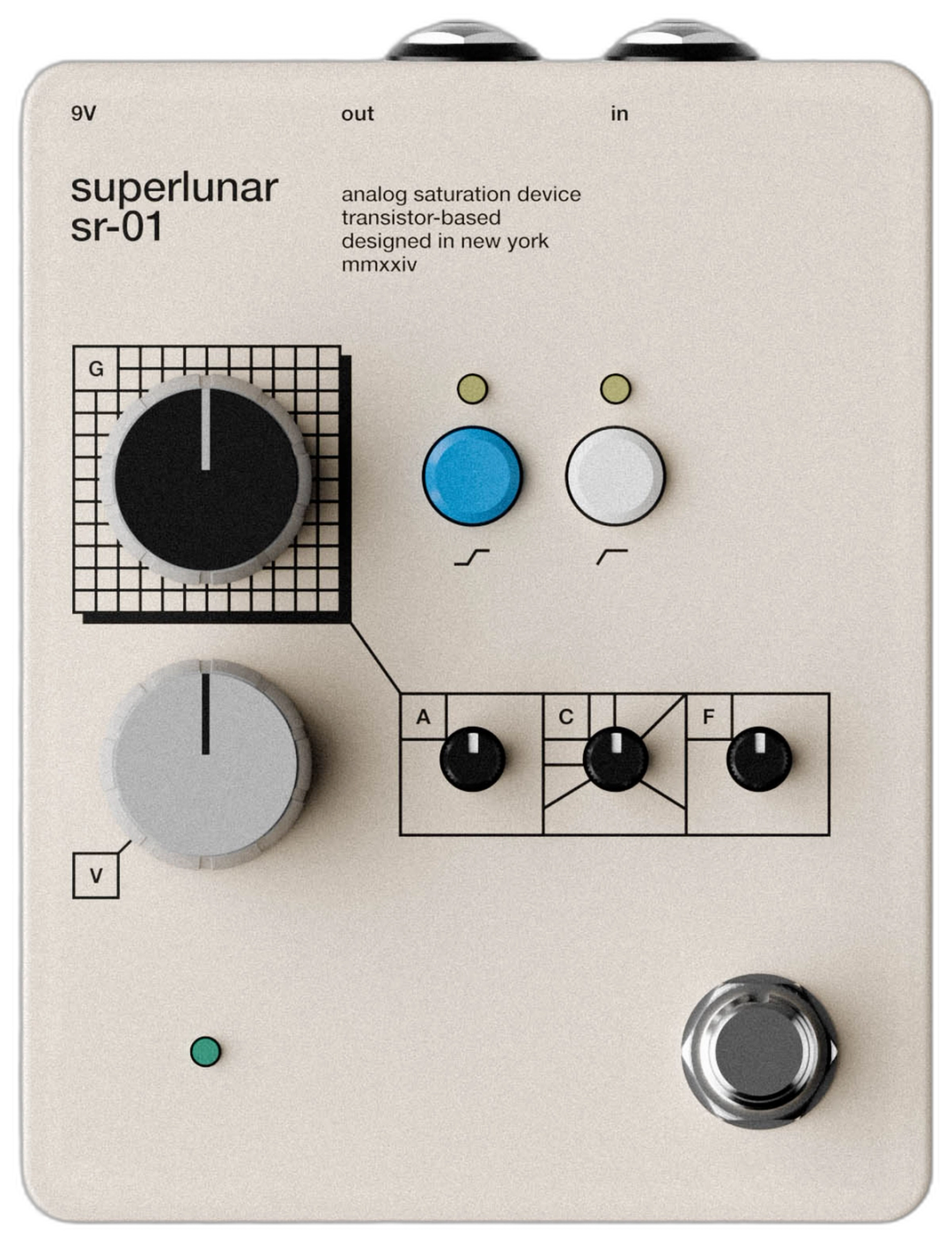Superlunar SR-01, top-down, cream enclosure with G and V knobs, blue and white mode buttons, A C F controls