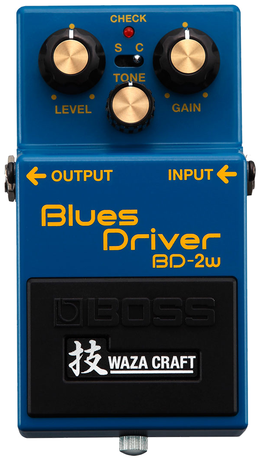 BOSS BD-2W Blues Driver Waza Craft, top-down view, blue enclosure, S/C mode switch, Waza Craft badge