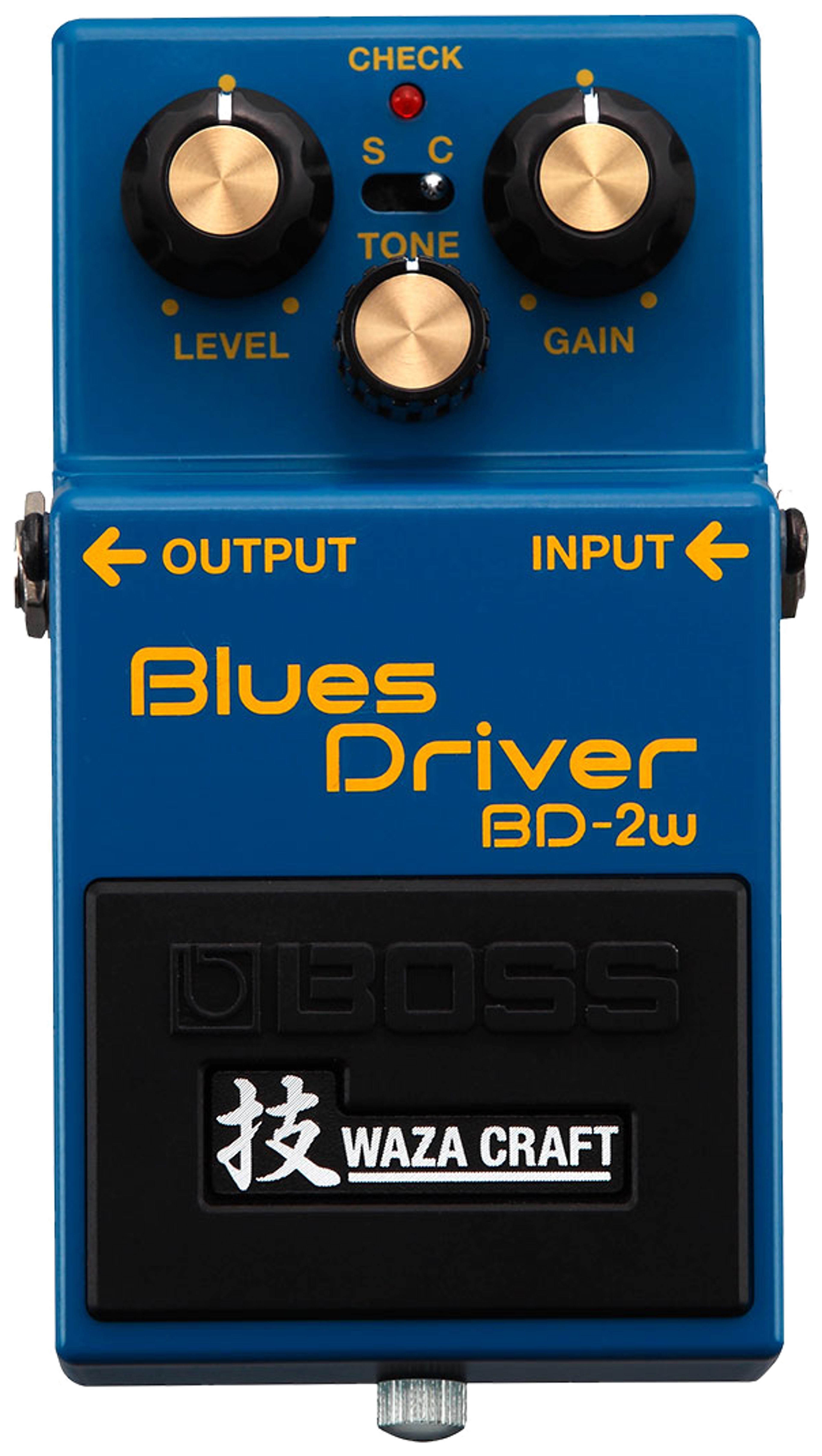 BOSS BD-2W Blues Driver Waza Craft, top-down view, blue enclosure, S/C mode switch, Waza Craft badge