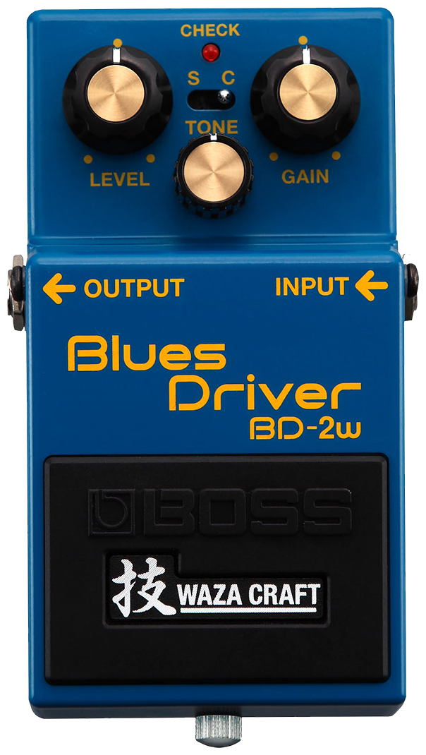 BOSS BD-2W Blues Driver Waza Craft, top-down view, blue enclosure, S/C mode switch, Waza Craft badge
