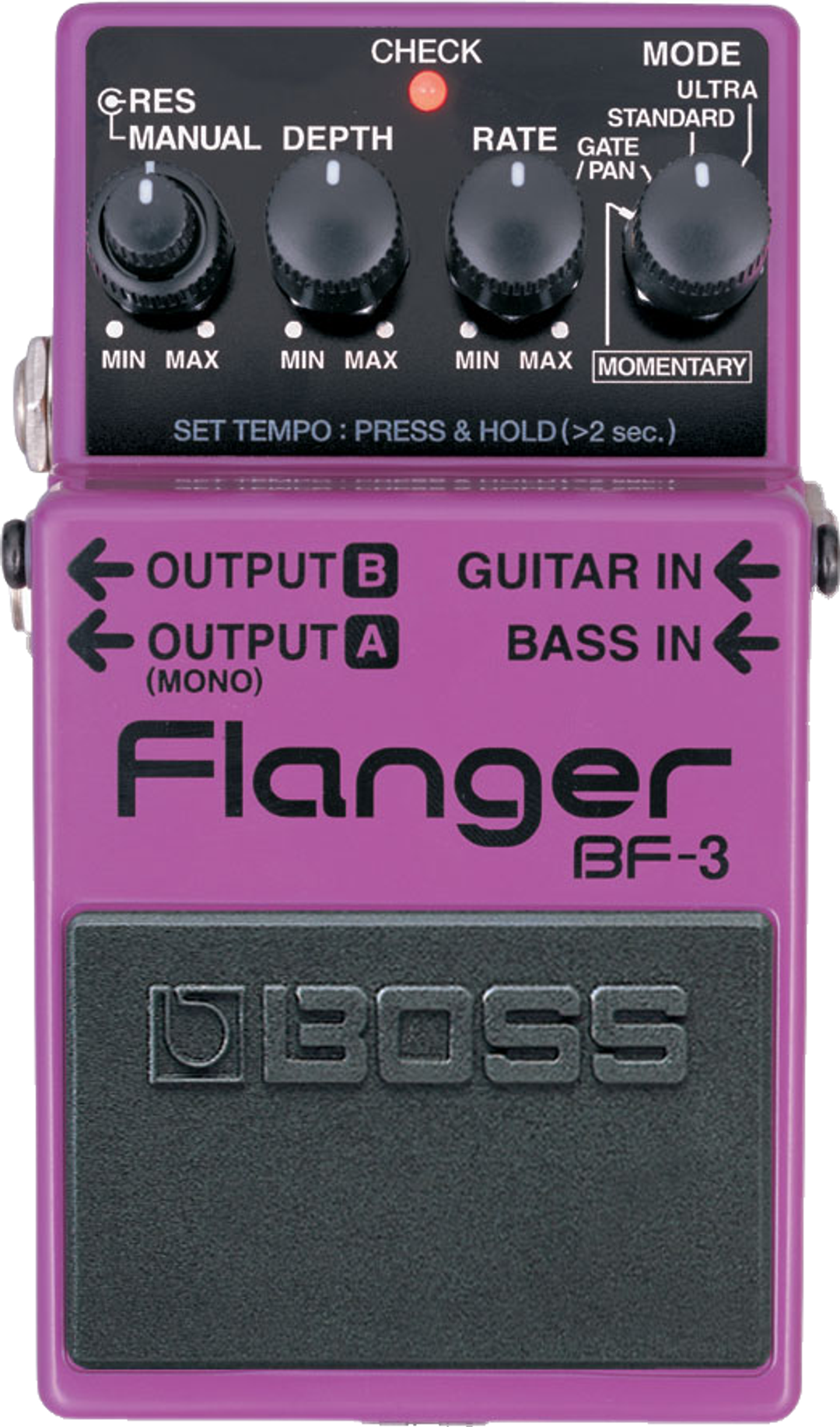 BOSS BF-3 Flanger, top-down view, purple compact pedal with four knobs and footswitch