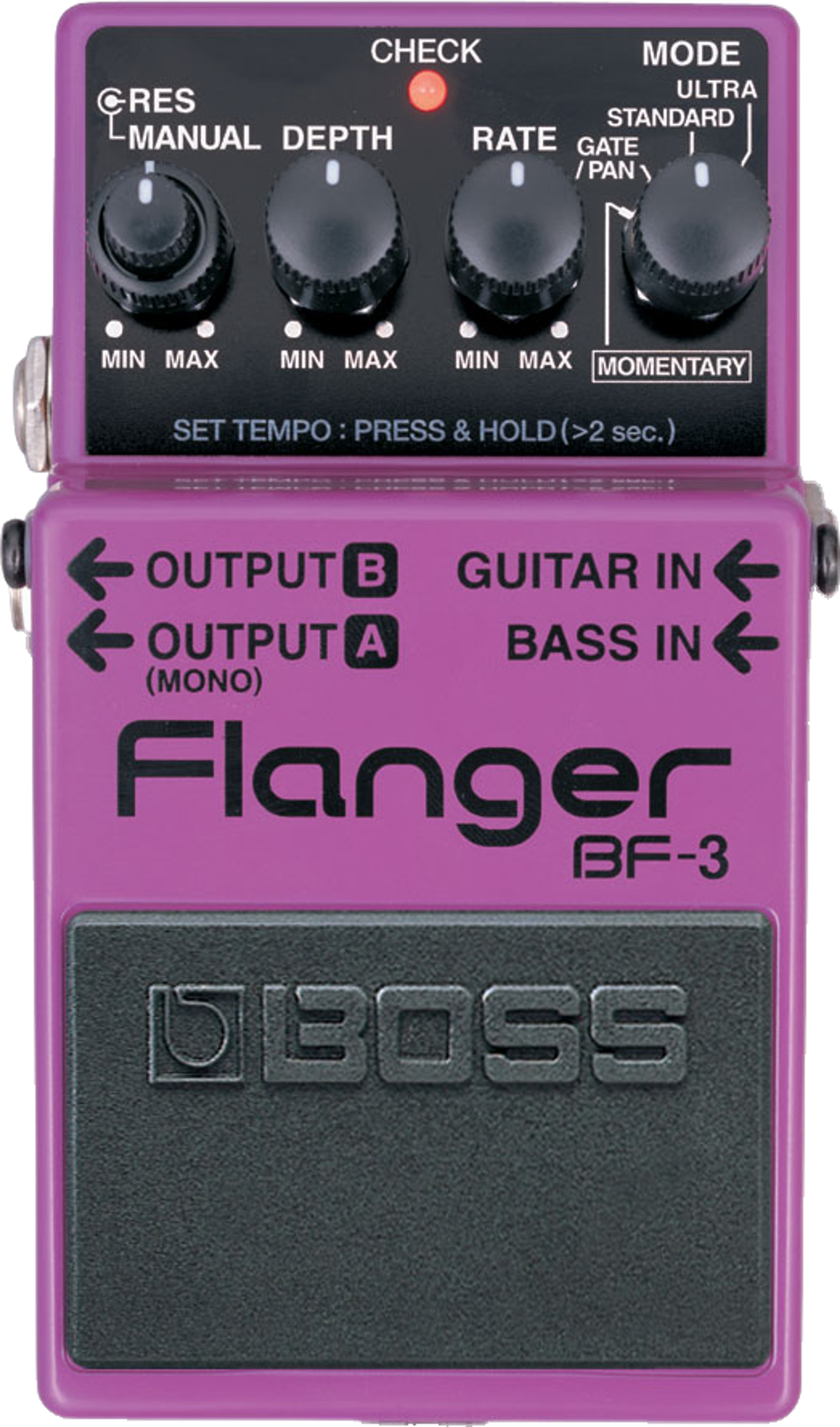 BOSS BF-3 Flanger, top-down view, purple compact pedal with four knobs and footswitch