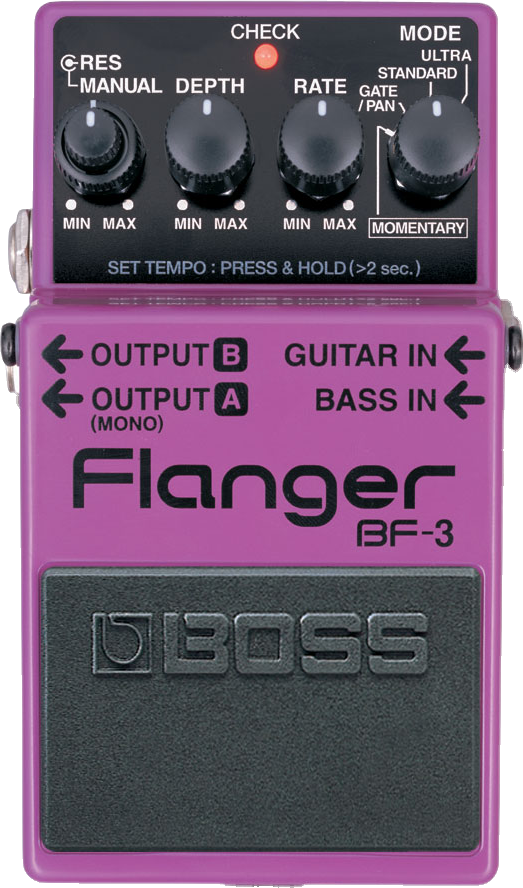 BOSS BF-3 Flanger, top-down view, purple compact pedal with four knobs and footswitch
