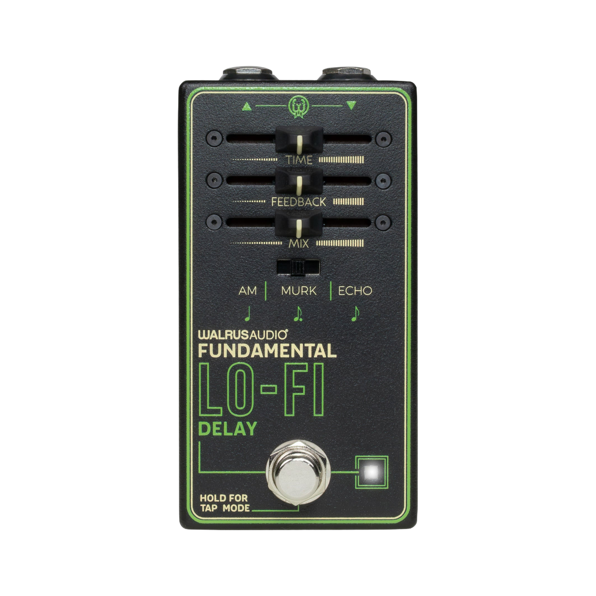 Walrus Audio Fundamental Lo-Fi Delay, top-down packshot, TIME FEEDBACK MIX sliders and AM MURK ECHO switch