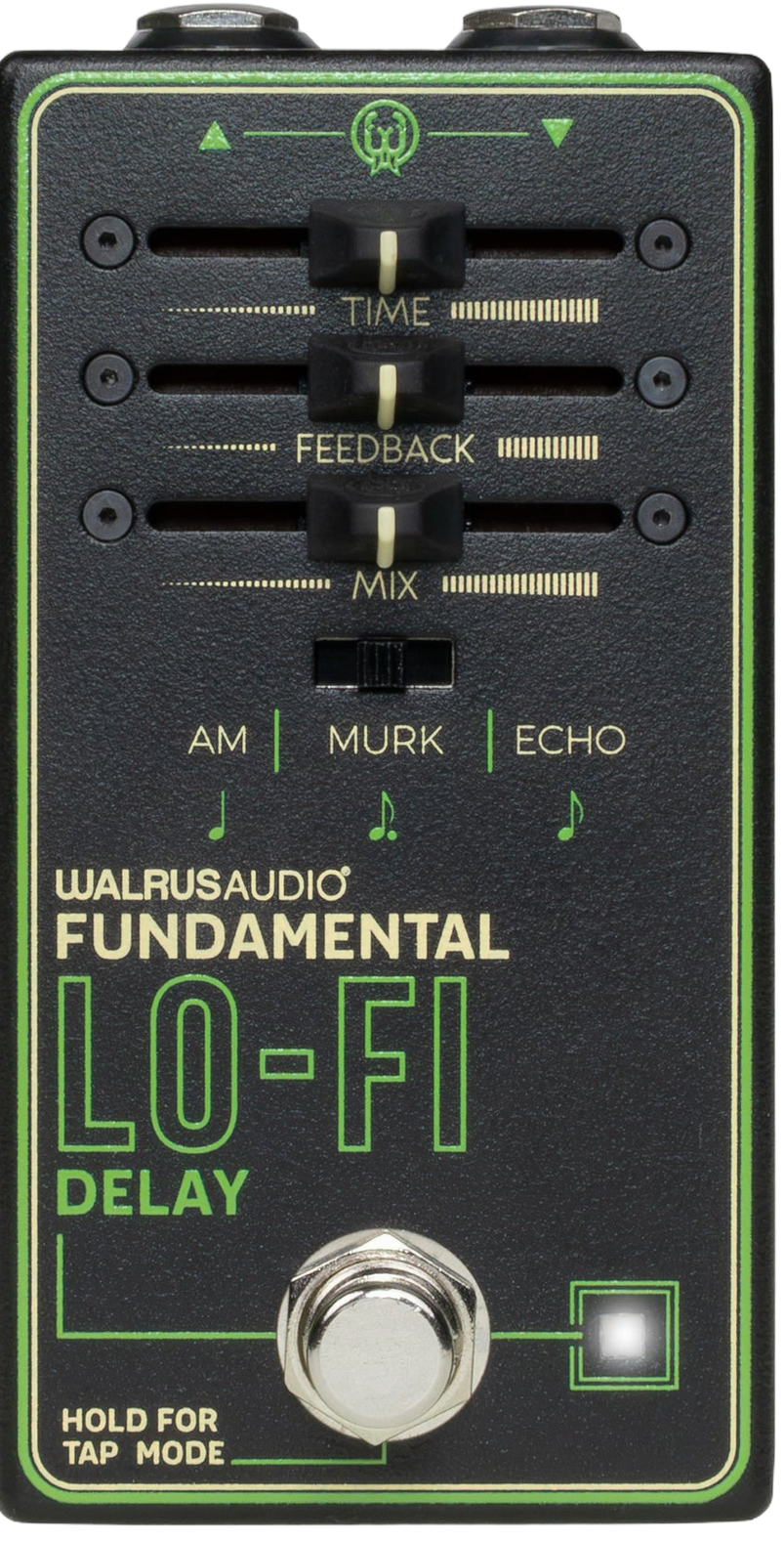 Walrus Audio Fundamental Lo-Fi Delay, top-down packshot, TIME FEEDBACK MIX sliders and AM MURK ECHO switch
