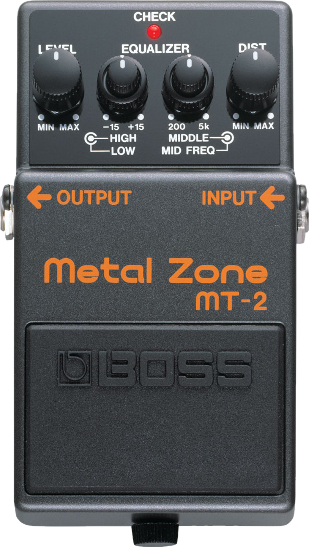 BOSS MT-2 Metal Zone, top-down view, grey enclosure, orange Metal Zone lettering, concentric EQ knobs