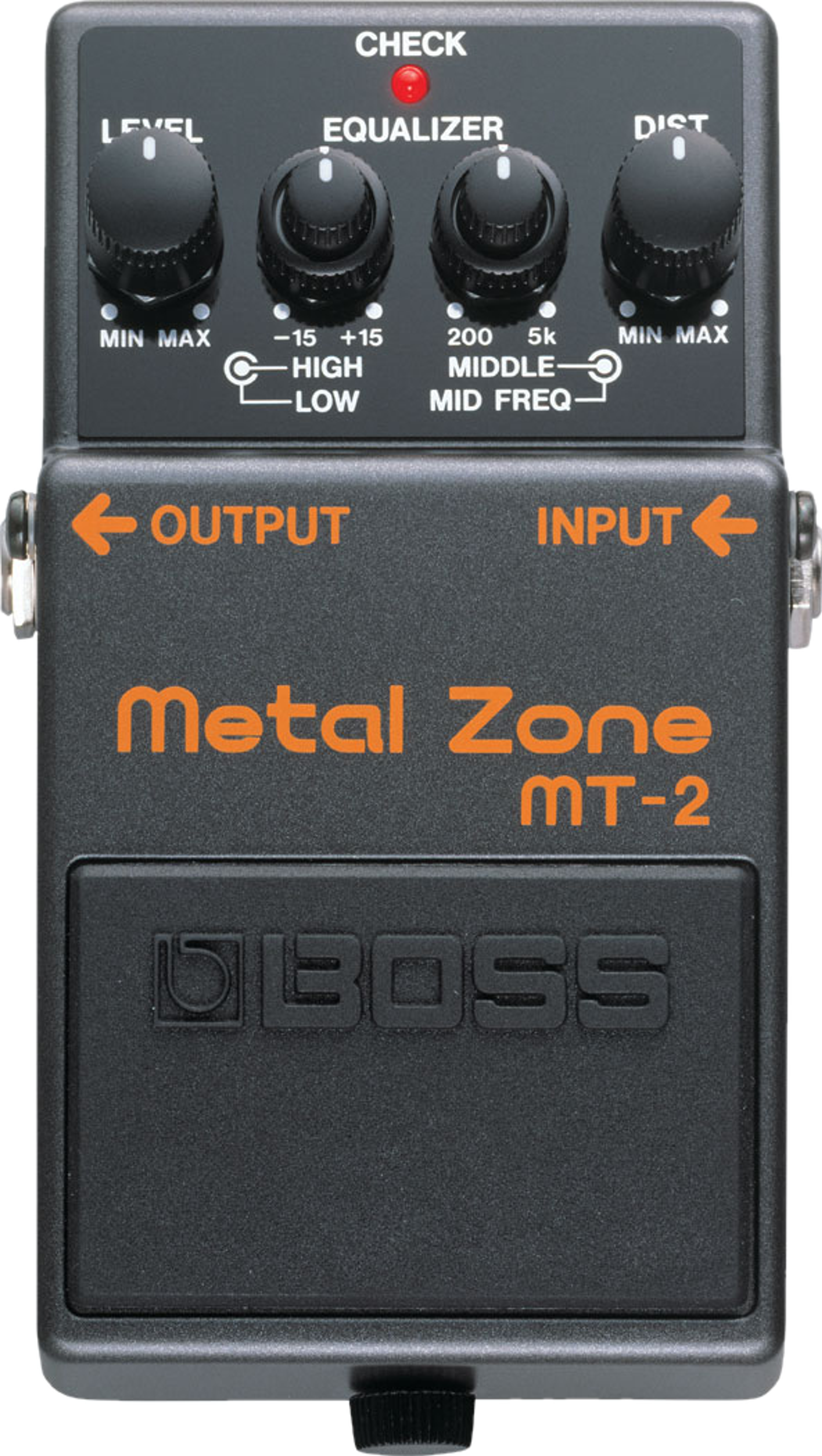 BOSS MT-2 Metal Zone, top-down view, grey enclosure, orange Metal Zone lettering, concentric EQ knobs