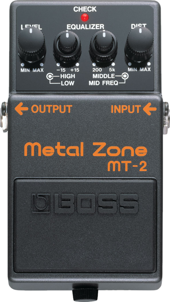 BOSS MT-2 Metal Zone, top-down view, grey enclosure, orange Metal Zone lettering, concentric EQ knobs