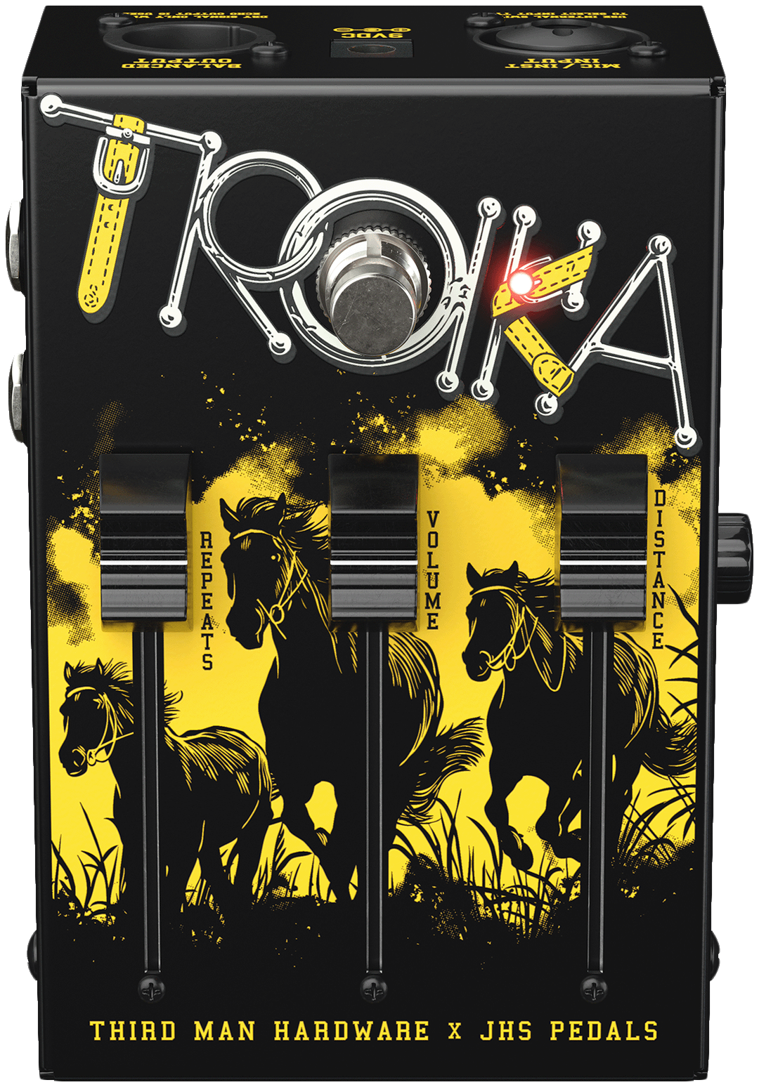JHS x Third Man Hardware Troika, top view, black and yellow horse artwork, three faders