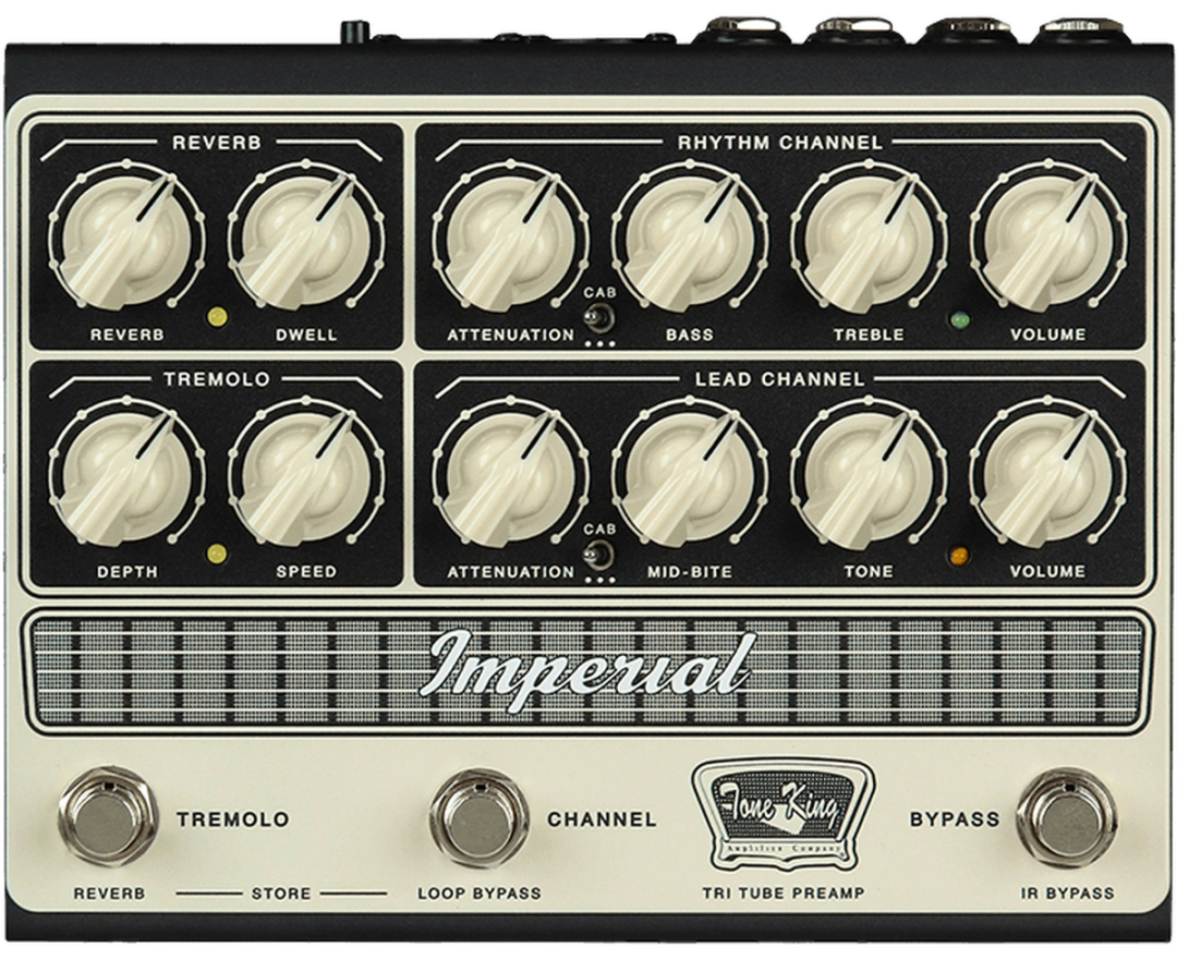 Tone King Imperial Preamp, top-down view, cream faceplate, Rhythm and Lead channels, Reverb Tremolo, three footswitches