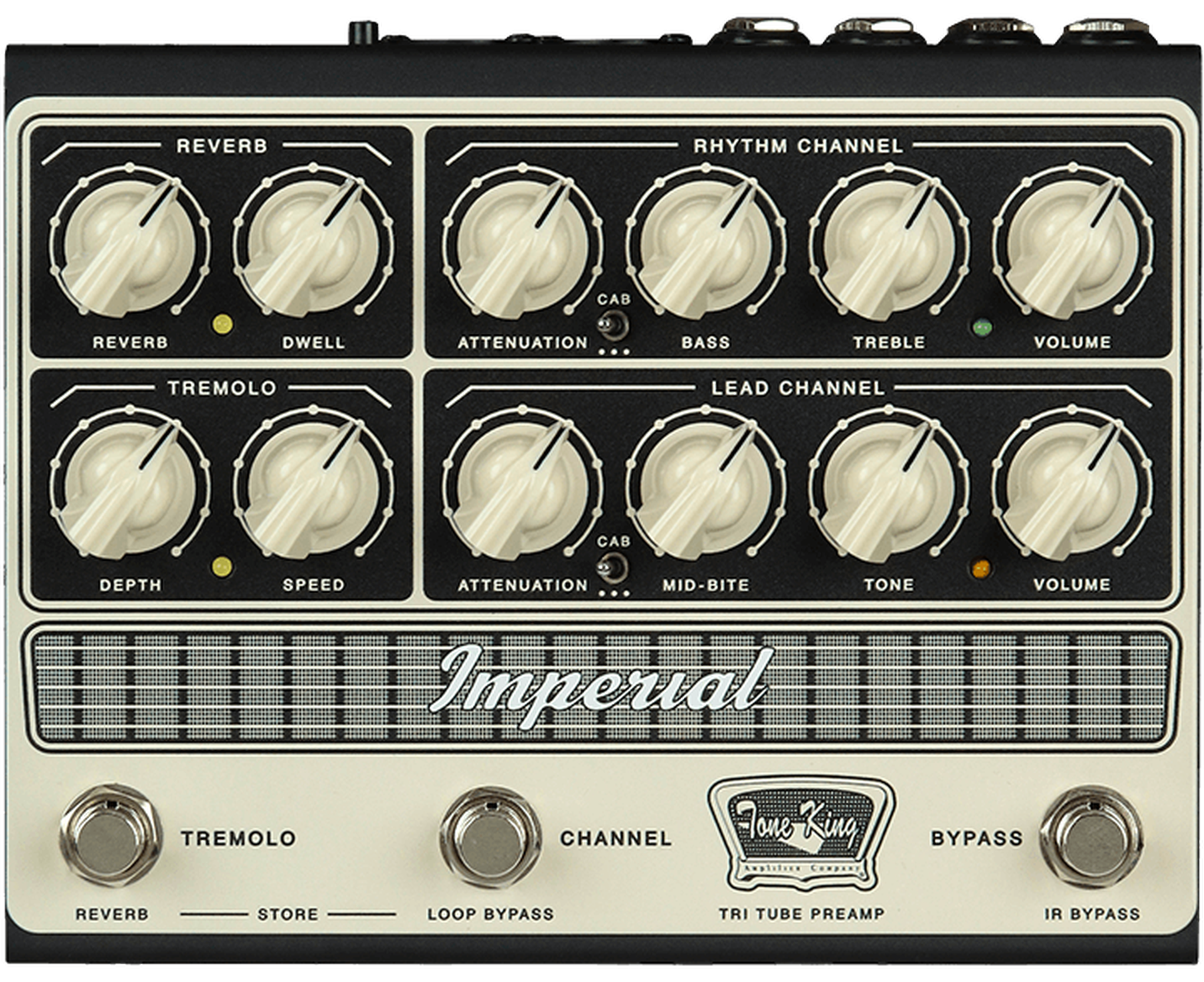 Tone King Imperial Preamp, top-down view, cream faceplate, Rhythm and Lead channels, Reverb Tremolo, three footswitches