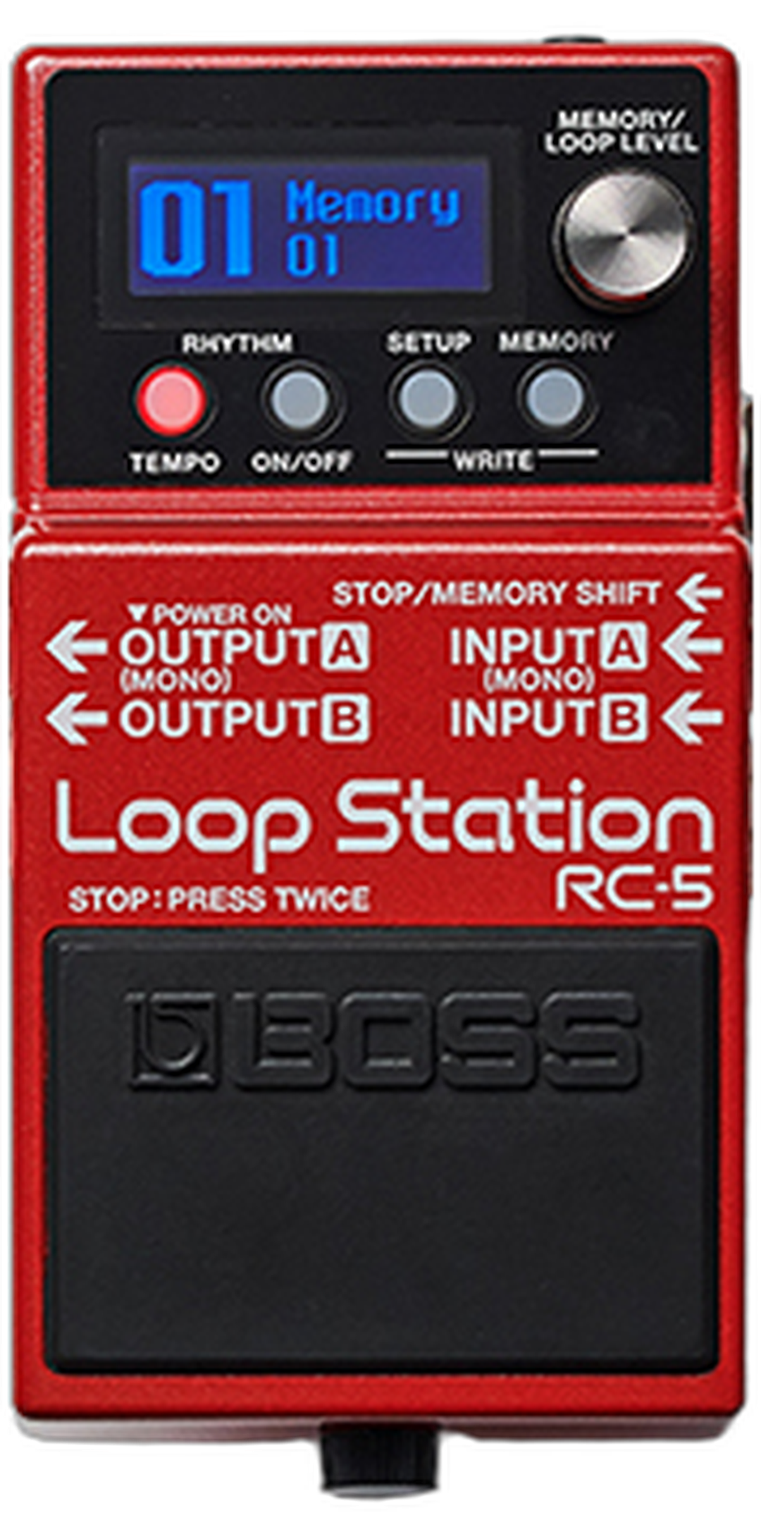 BOSS RC-5 Loop Station, top-down view, red enclosure, LCD, MEMORY/LOOP LEVEL knob