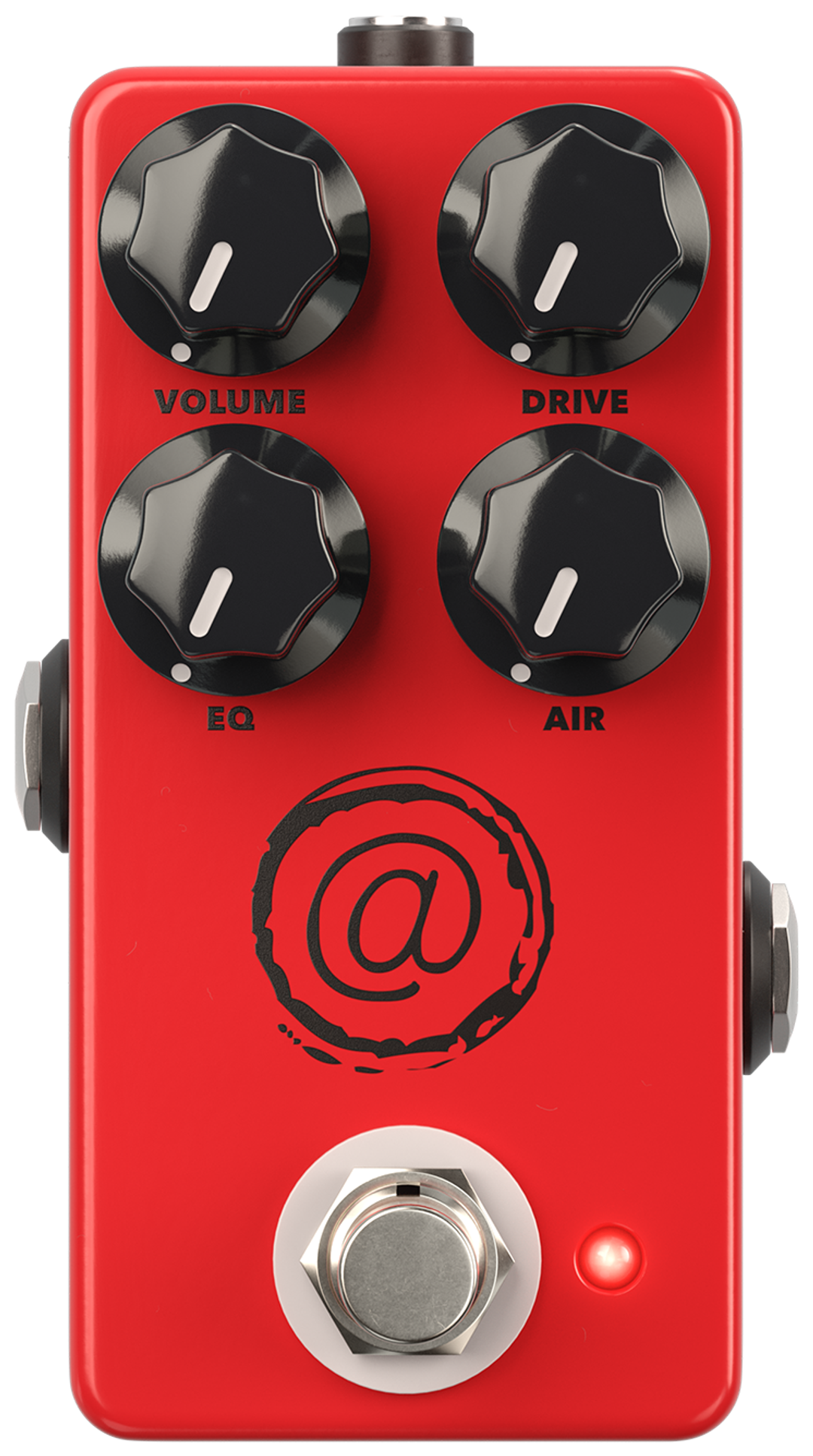 JHS AT Mini, front view, red enclosure, four black knobs, @ logo