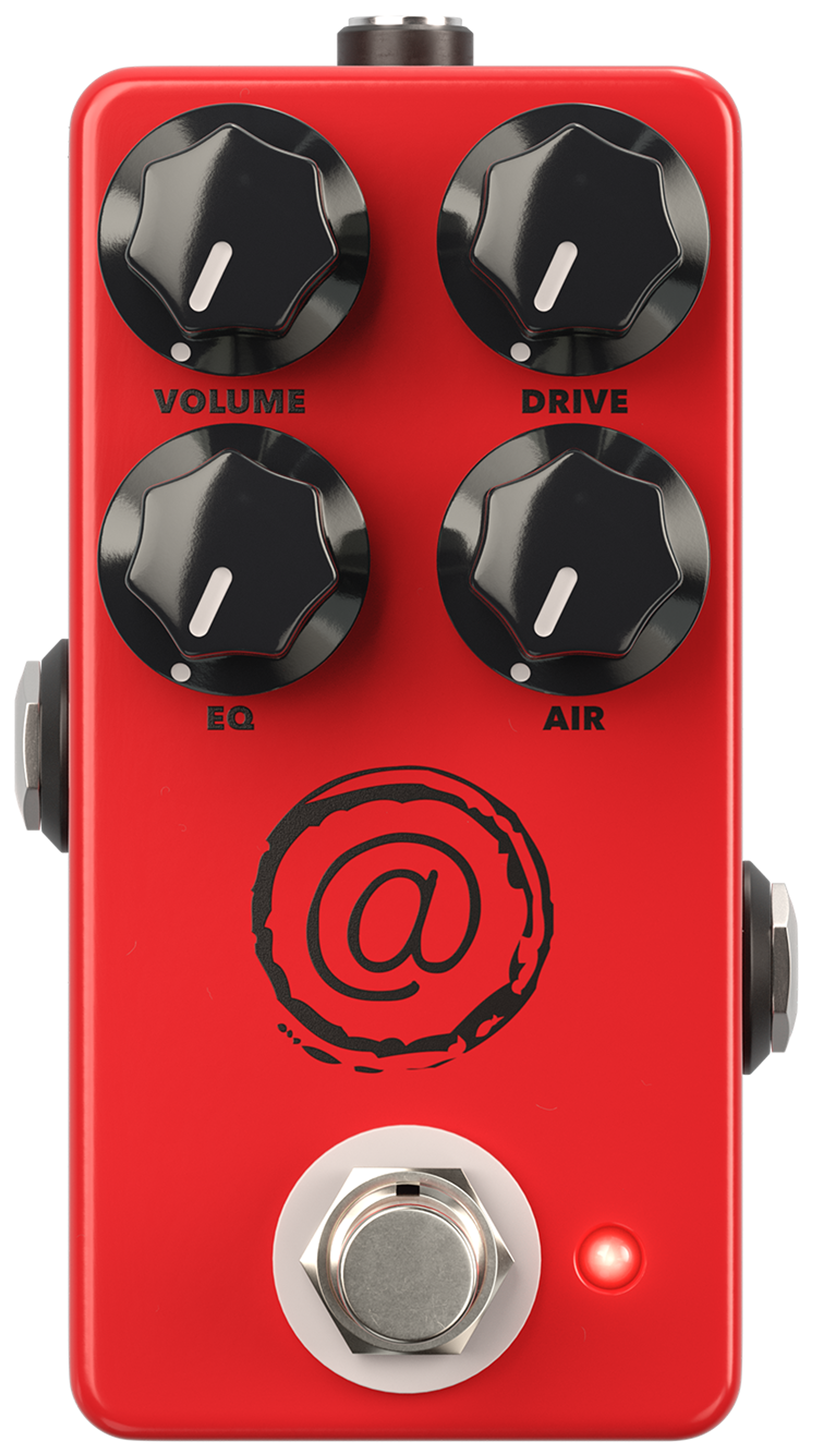JHS AT Mini, front view, red enclosure, four black knobs, @ logo