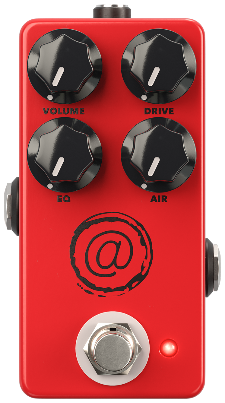 JHS AT Mini, front view, red enclosure, four black knobs, @ logo