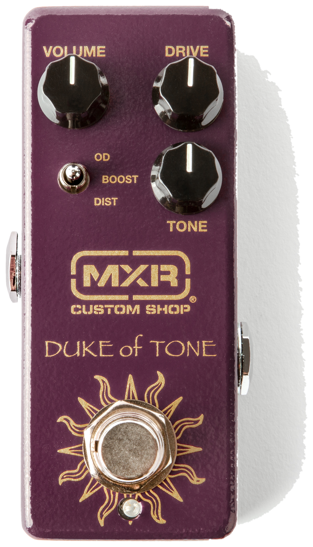 MXR CSP039 Duke of Tone, top-down view, purple mini enclosure, OD/Boost/Dist switch, gold sun graphic