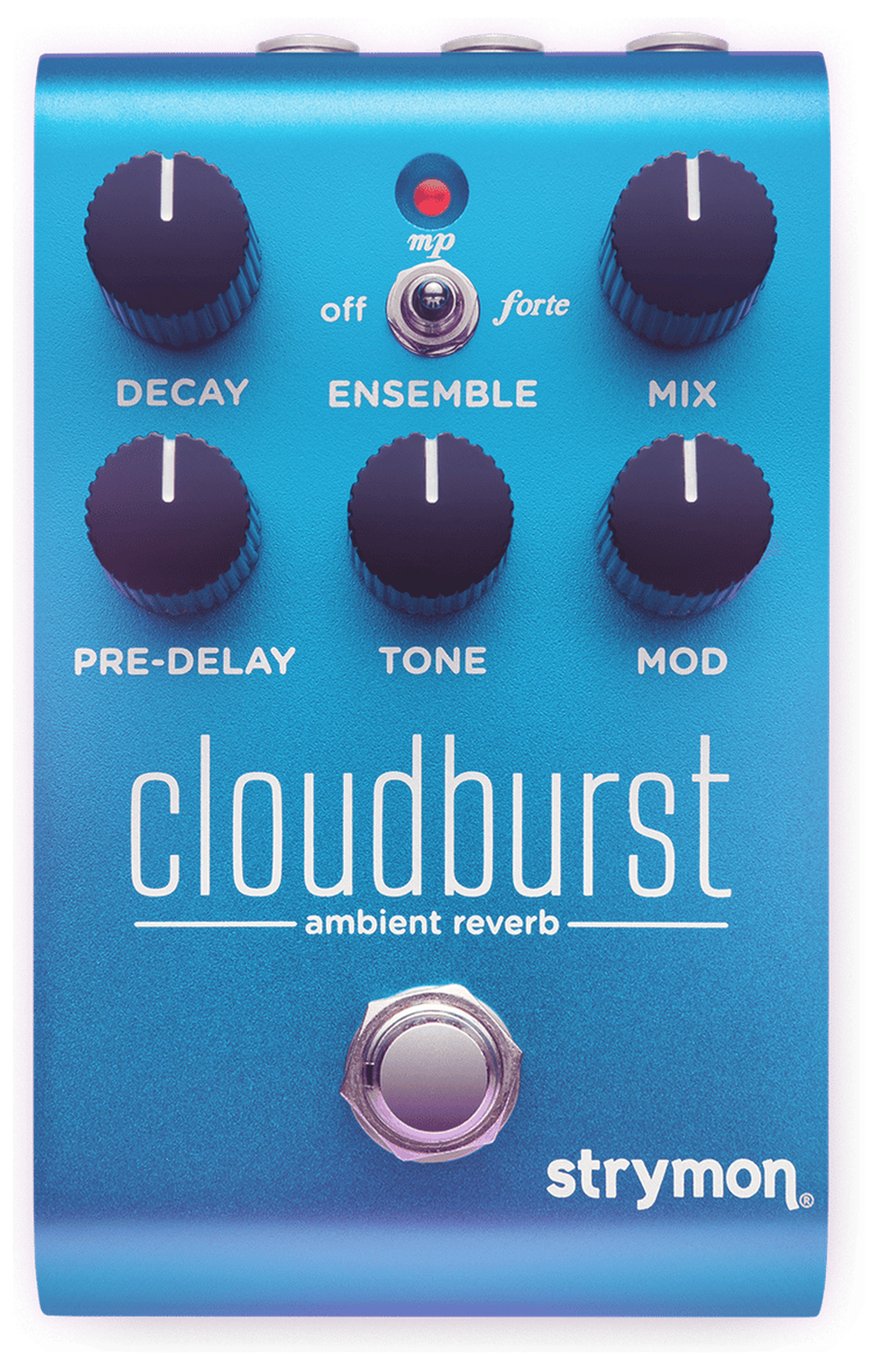 Strymon Cloudburst, top-down view, sky-blue enclosure, Ensemble switch, five black knobs
