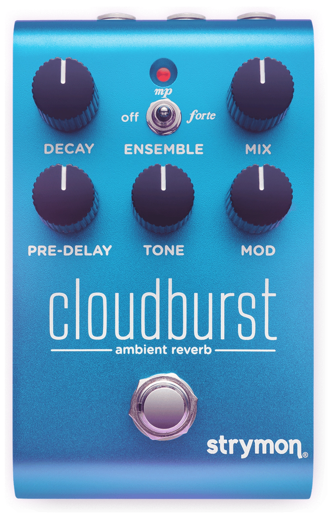 Strymon Cloudburst, top-down view, sky-blue enclosure, Ensemble switch, five black knobs