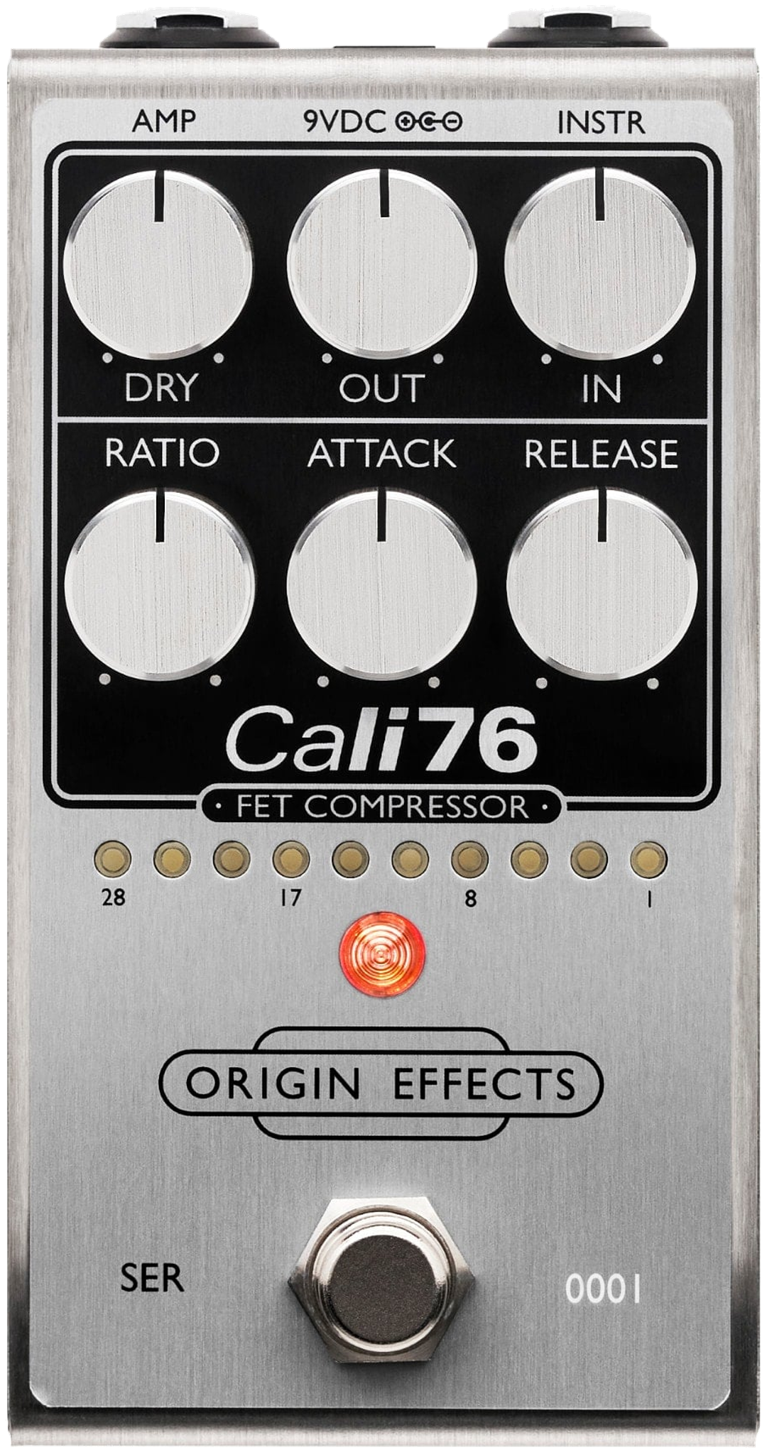 Origin Effects Cali76 FET Compressor, top-down, silver enclosure, six silver knobs, 10-LED meter