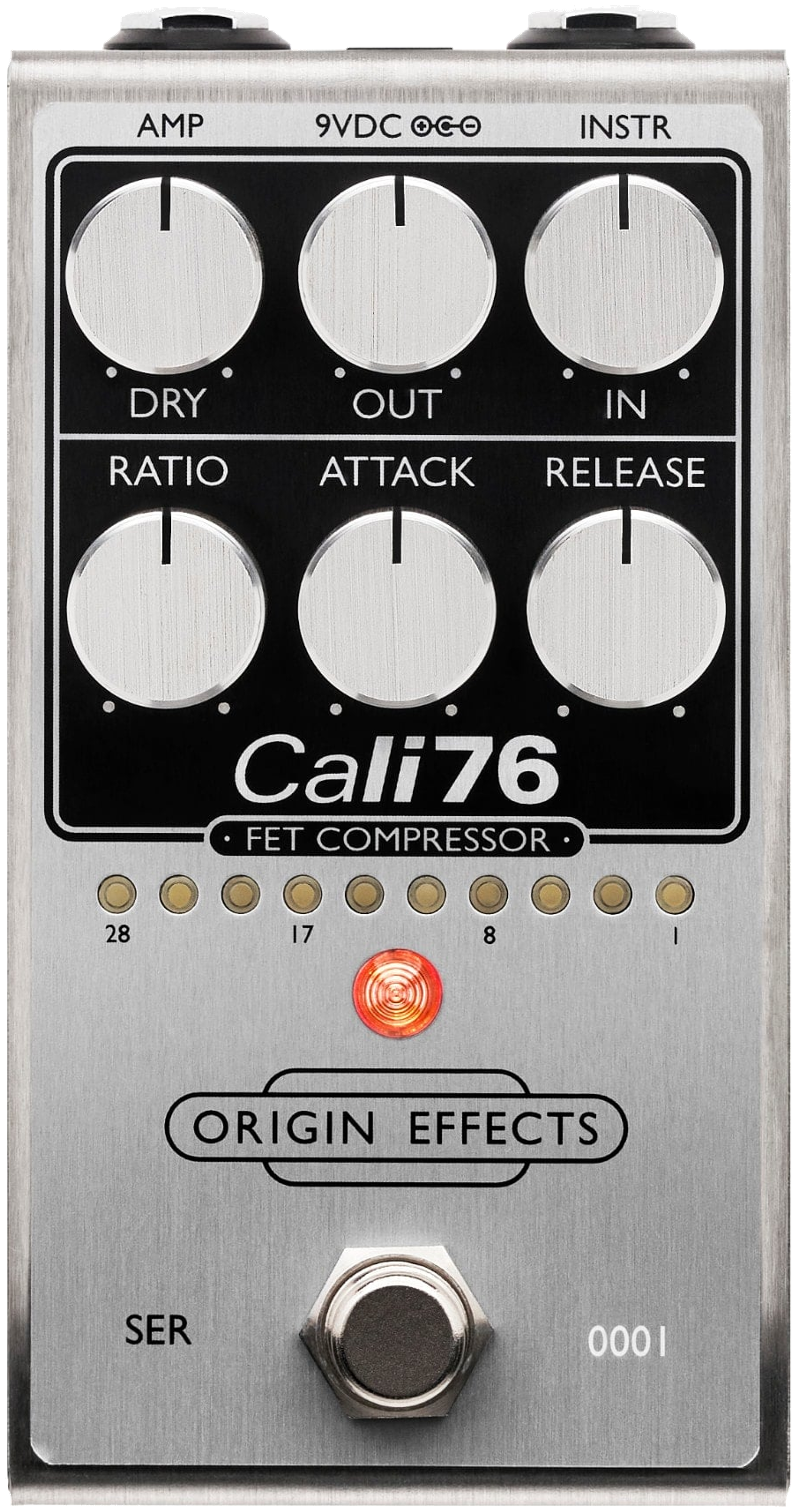 Origin Effects Cali76 FET Compressor, top-down, silver enclosure, six silver knobs, 10-LED meter