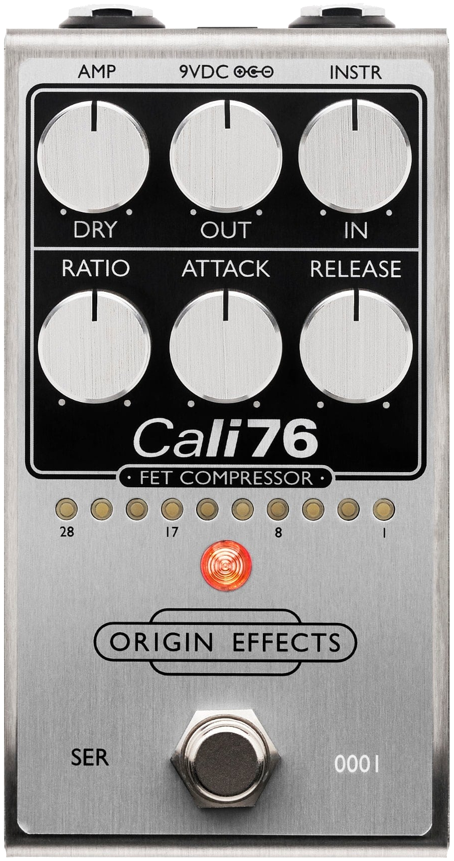 Origin Effects Cali76 FET Compressor, top-down, silver enclosure, six silver knobs, 10-LED meter
