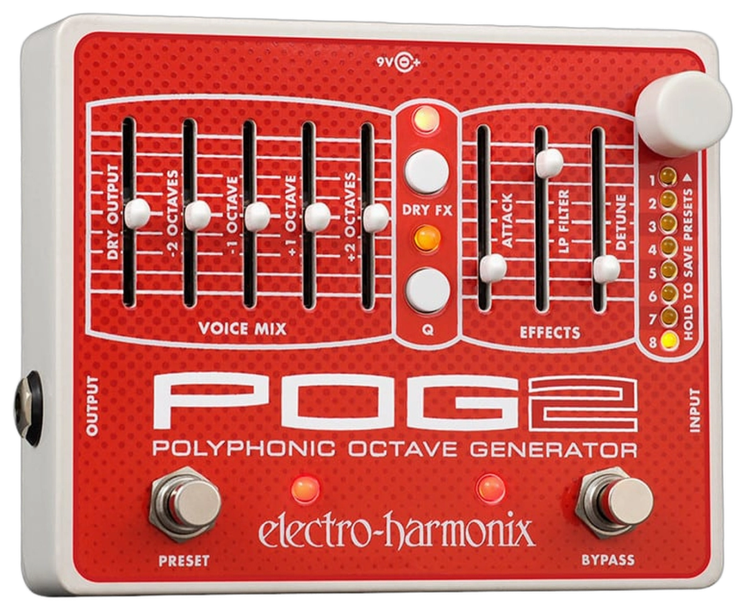 Electro-Harmonix POG2, top-down view, red faceplate, eight sliders, PRESET and BYPASS footswitches