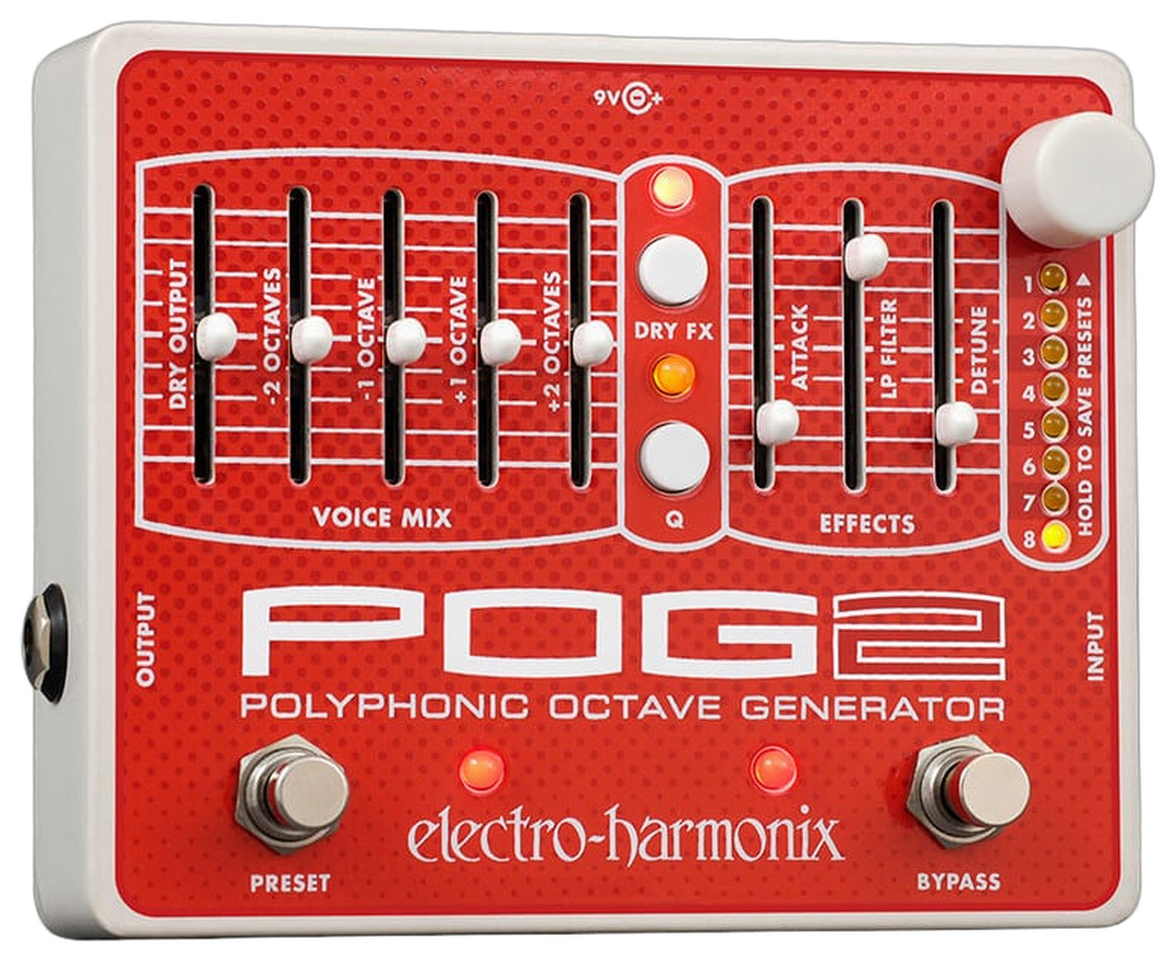 Electro-Harmonix POG2, top-down view, red faceplate, eight sliders, PRESET and BYPASS footswitches