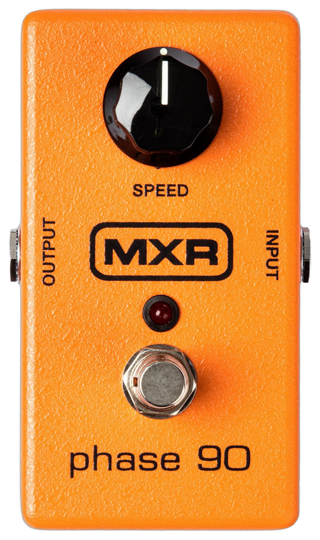 MXR Phase 90 M101, top-down view, orange enclosure, block MXR logo, Speed knob, status LED