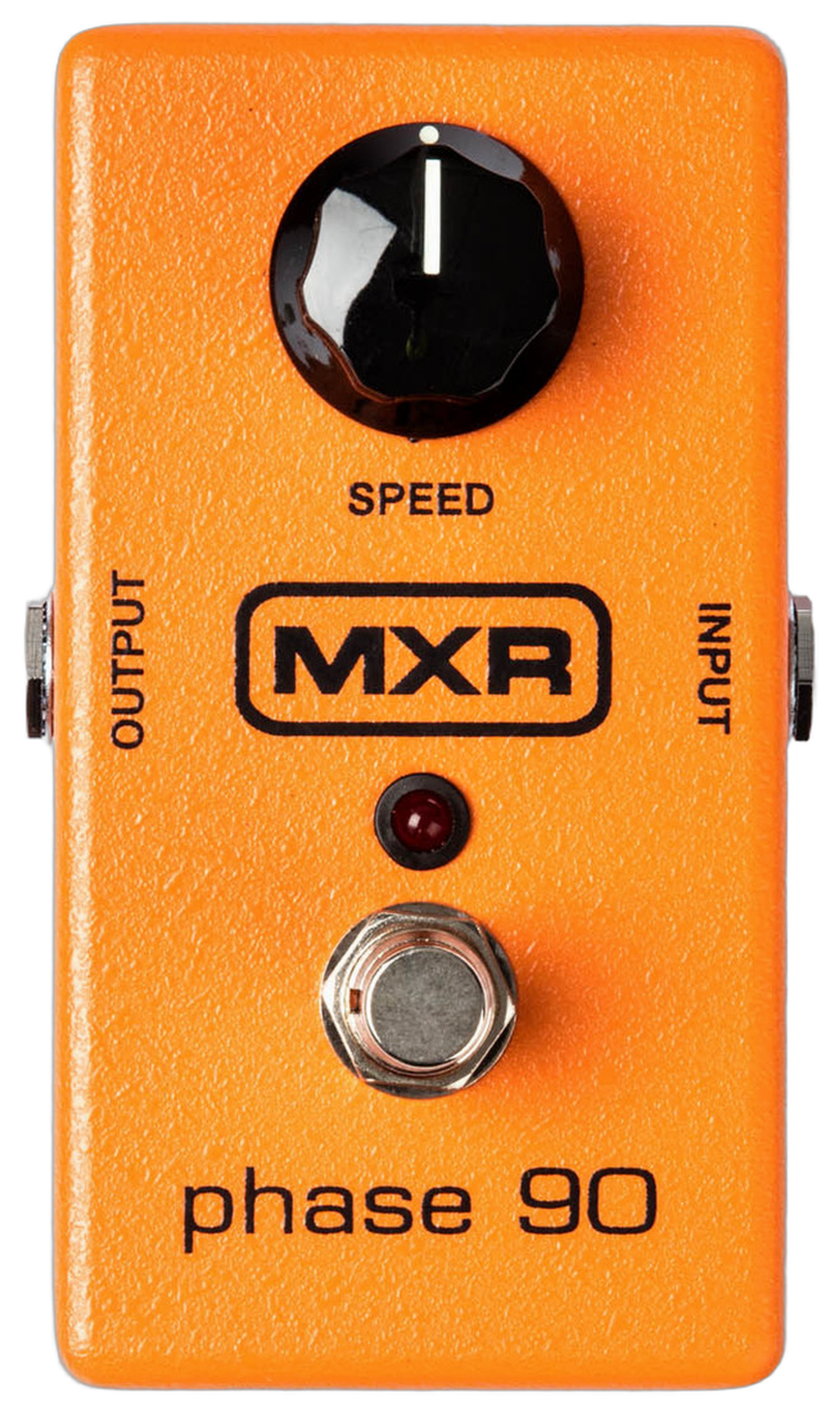 MXR Phase 90 M101, top-down view, orange enclosure, block MXR logo, Speed knob, status LED