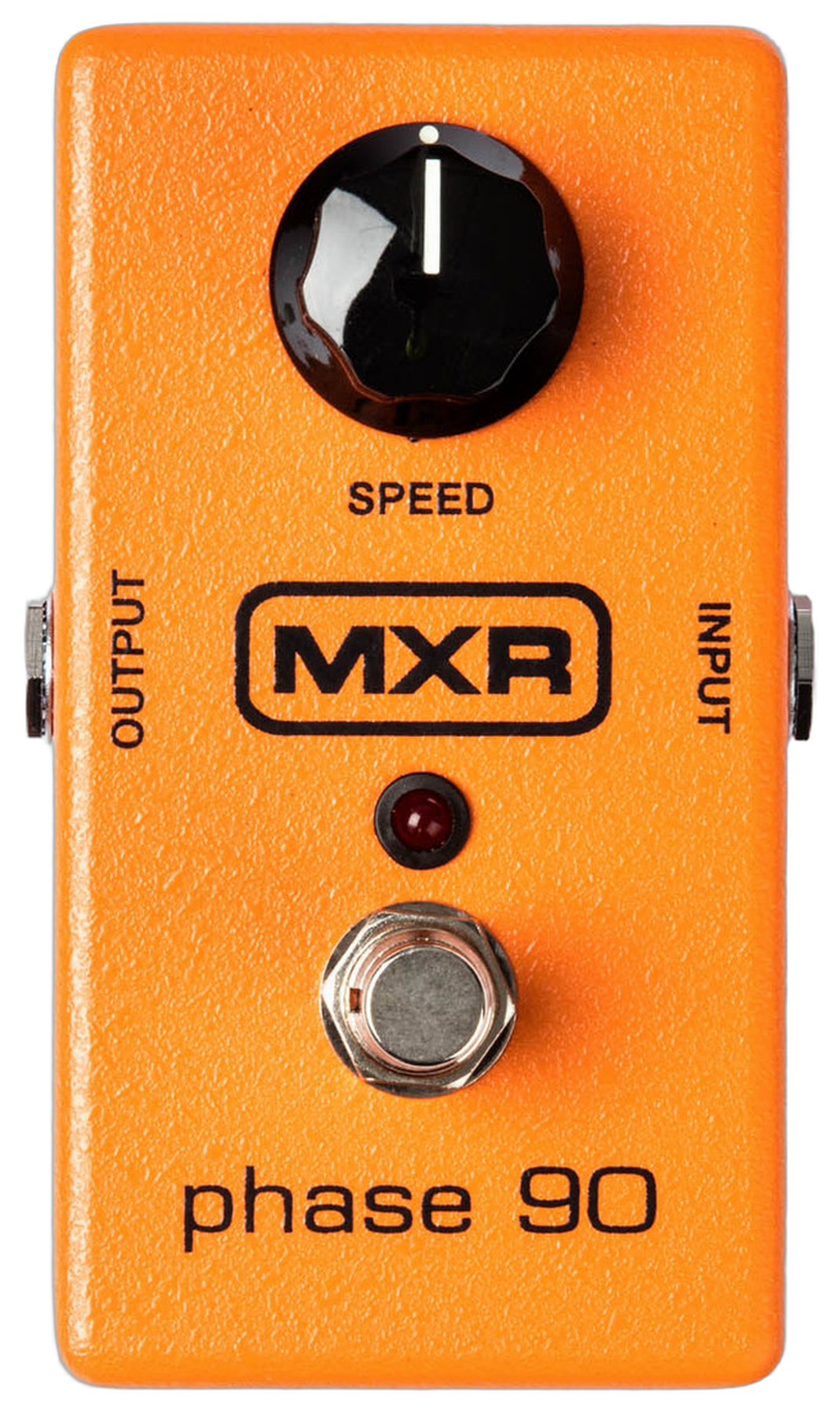 MXR Phase 90 M101, top-down view, orange enclosure, block MXR logo, Speed knob, status LED