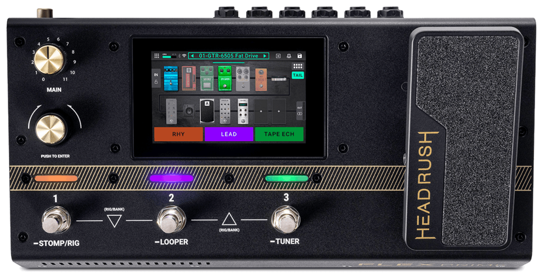 HeadRush Flex Prime, top view, black chassis, 4-inch touchscreen, built-in expression pedal, three footswitches