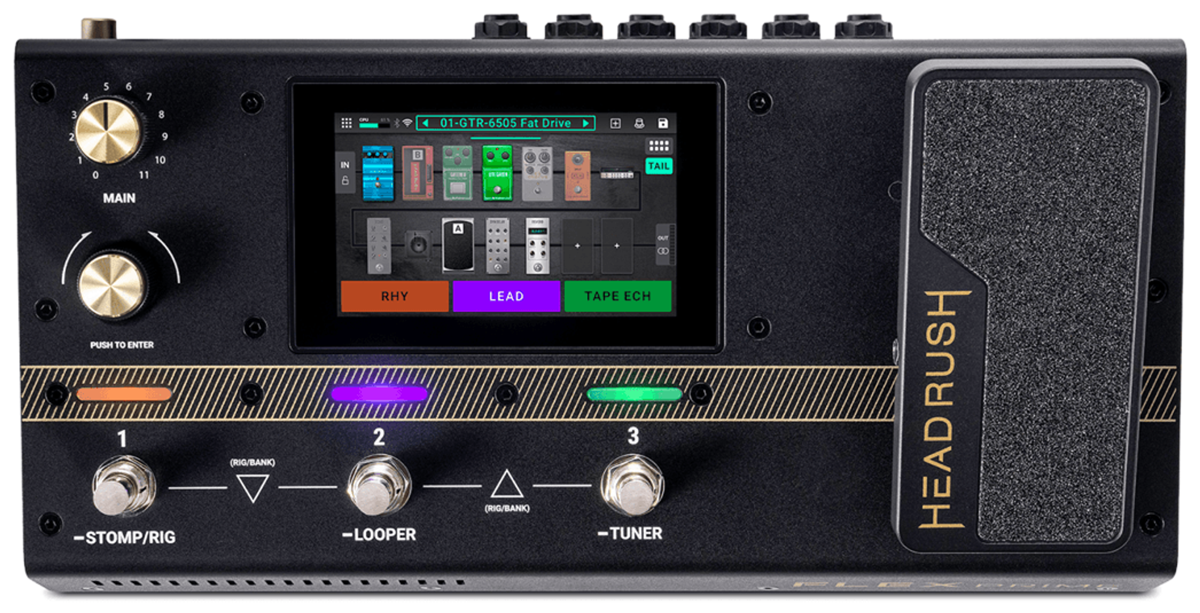 HeadRush Flex Prime, top view, black chassis, 4-inch touchscreen, built-in expression pedal, three footswitches