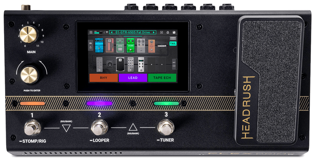 HeadRush Flex Prime floor modeller seen from above, with touchscreen and footswitches