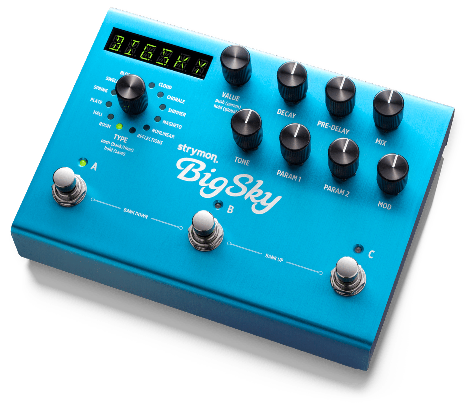 Strymon BigSky, three-quarter view, light-blue chassis with TYPE knob and A B C footswitches