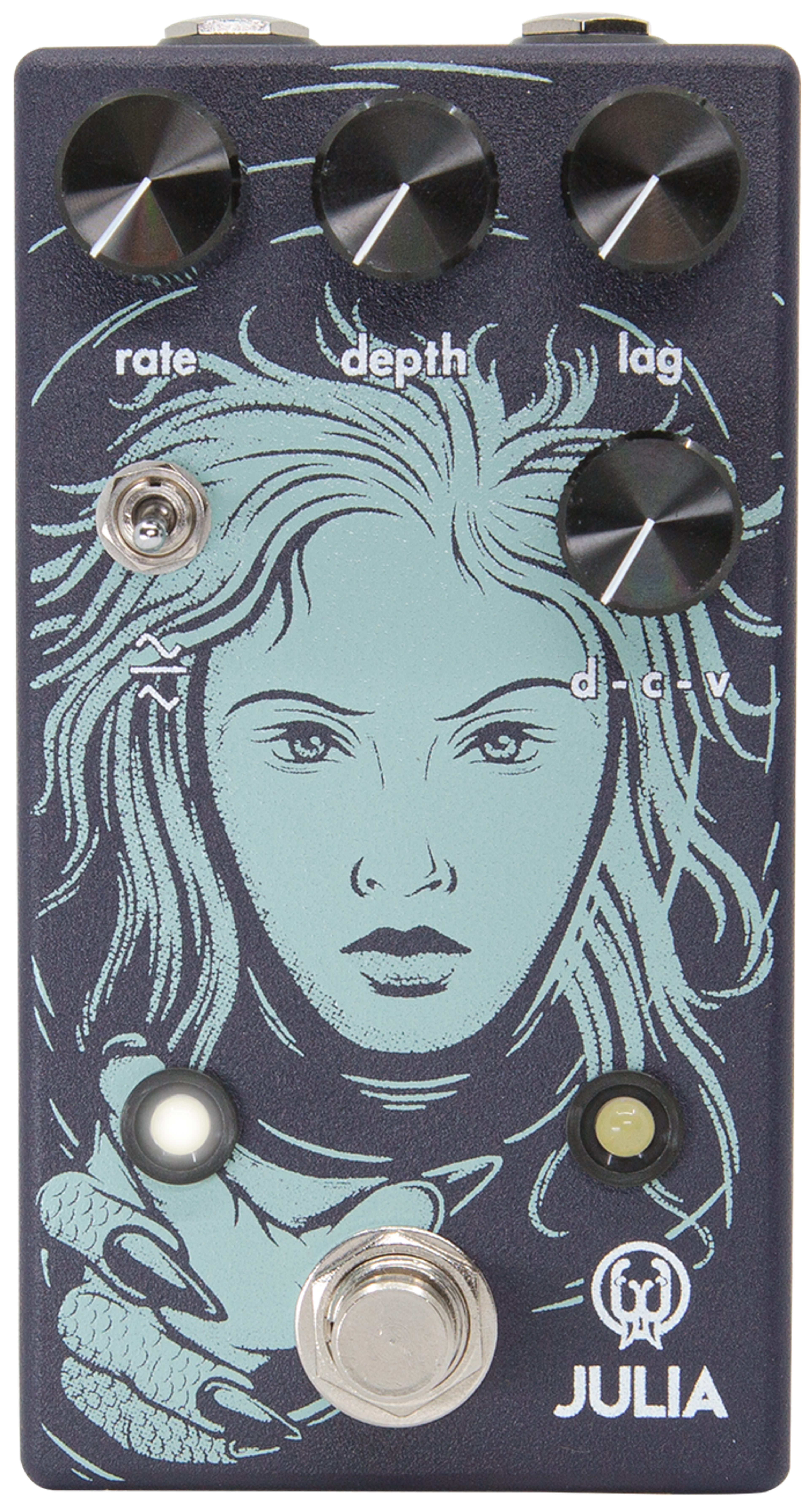 Walrus Audio Julia V2, top view, deep lavender enclosure, rate depth lag and d-c-v knobs, illustrated face