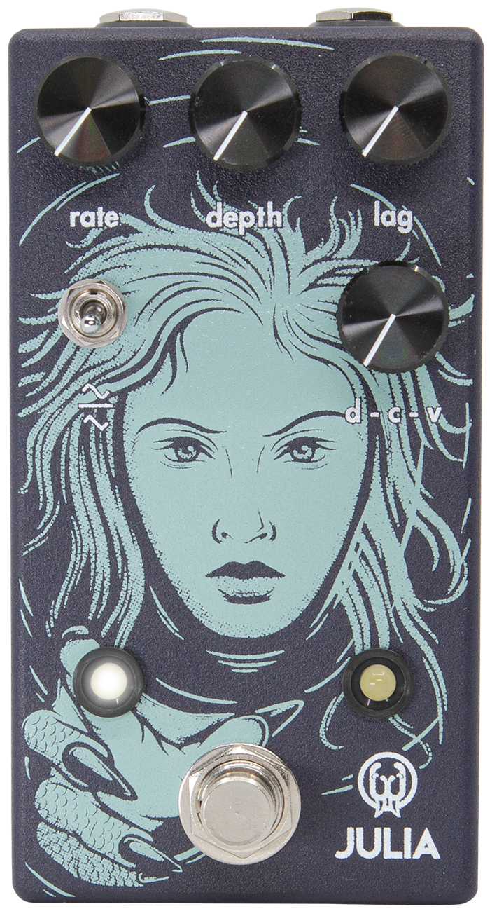 Walrus Audio Julia V2, top view, deep lavender enclosure, rate depth lag and d-c-v knobs, illustrated face
