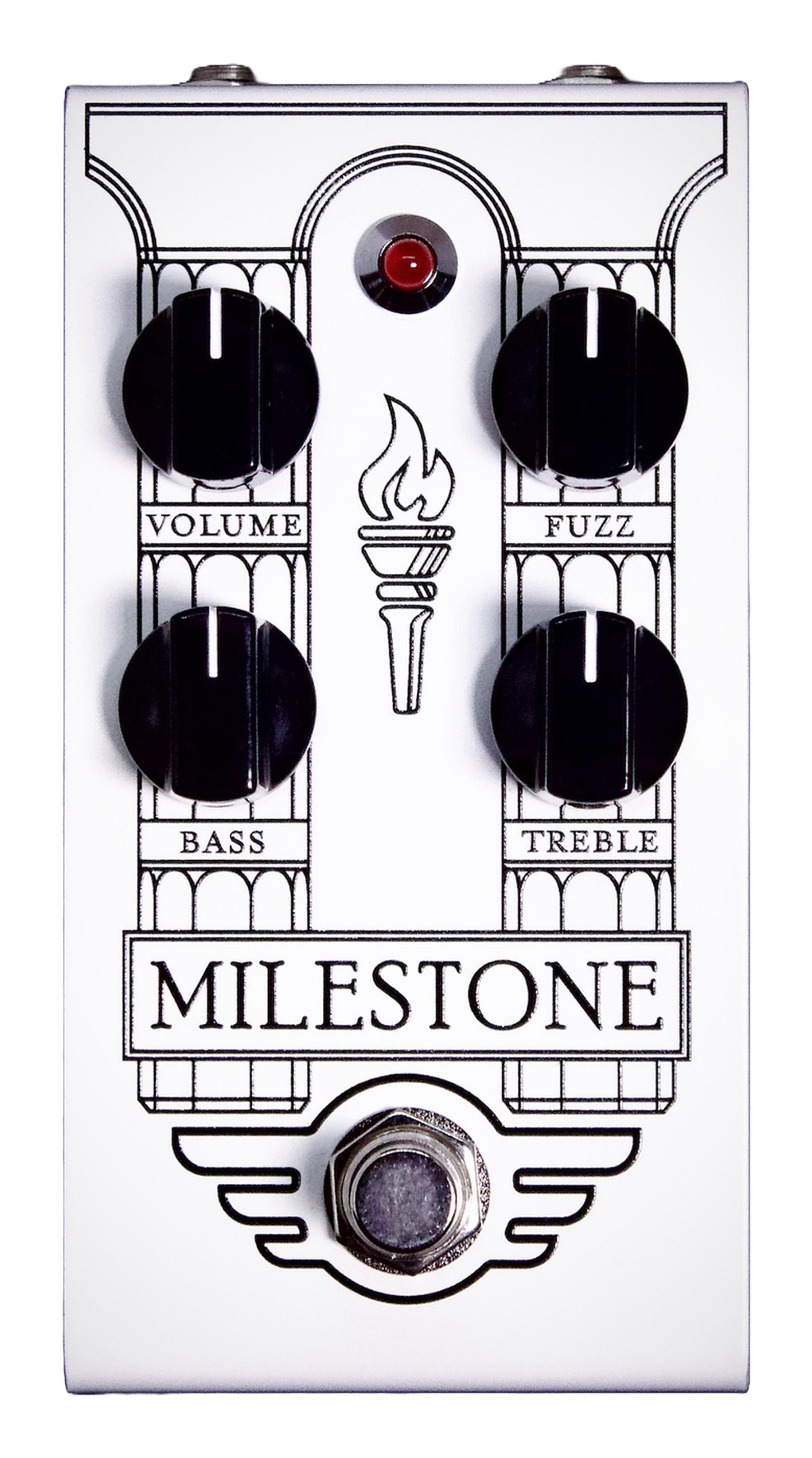 Mad Professor Milestone Fuzz Handwired, top-down packshot, Volume Fuzz Bass Treble knobs, white faceplate