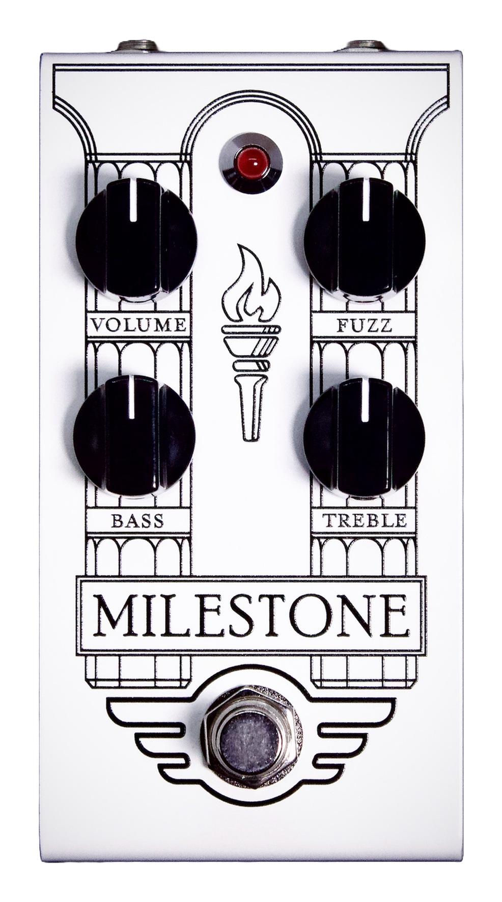 Mad Professor Milestone Fuzz Handwired, top-down packshot, Volume Fuzz Bass Treble knobs, white faceplate
