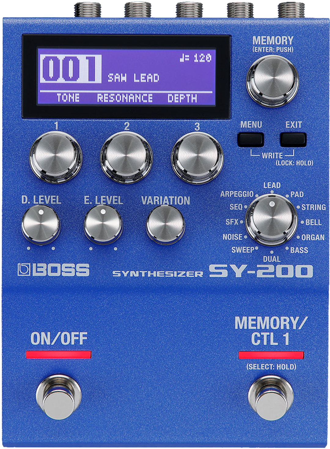 BOSS SY-200 Synthesizer, top-down view, blue enclosure, display showing SAW LEAD, silver knobs, two footswitches