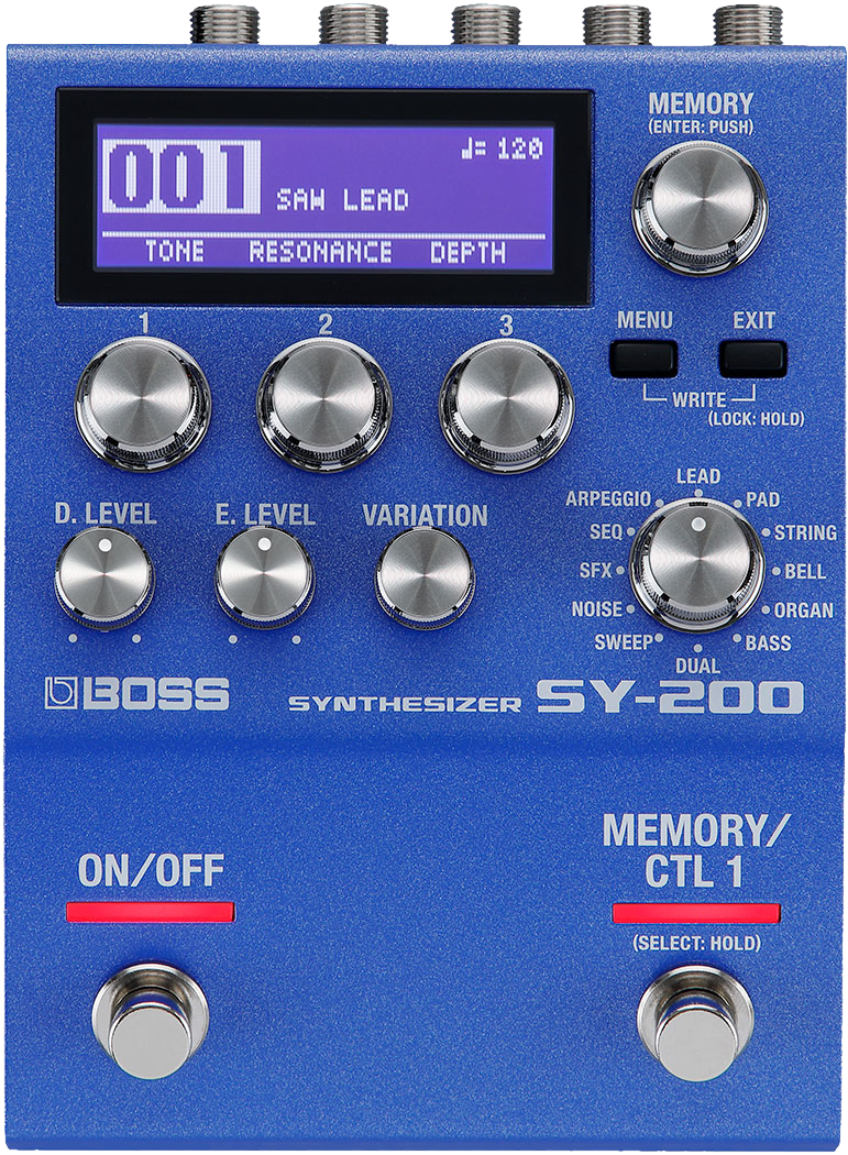 BOSS SY-200 Synthesizer, top-down view, blue enclosure, display showing SAW LEAD, silver knobs, two footswitches