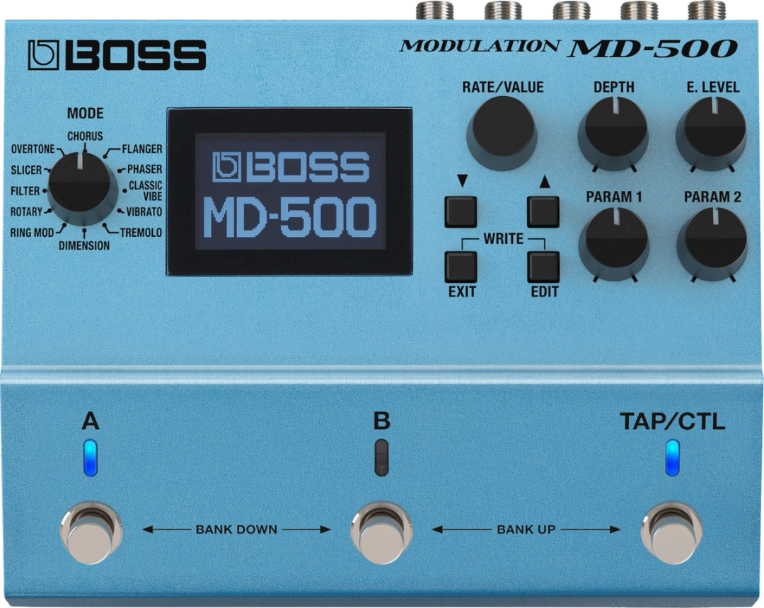 BOSS MD-500 Modulation, top-down view, light blue enclosure, graphic LCD, A, B and TAP/CTL footswitches