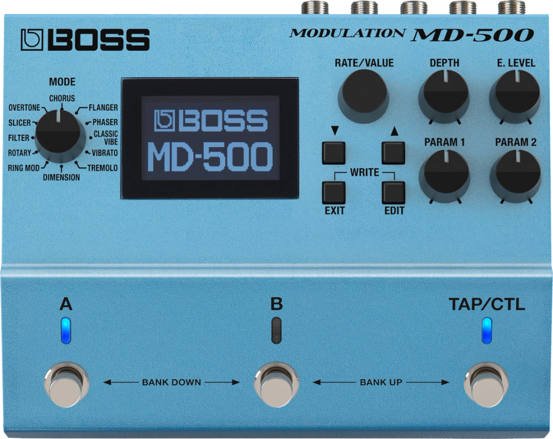 BOSS MD-500 Modulation, top-down view, light blue enclosure, graphic LCD, A, B and TAP/CTL footswitches
