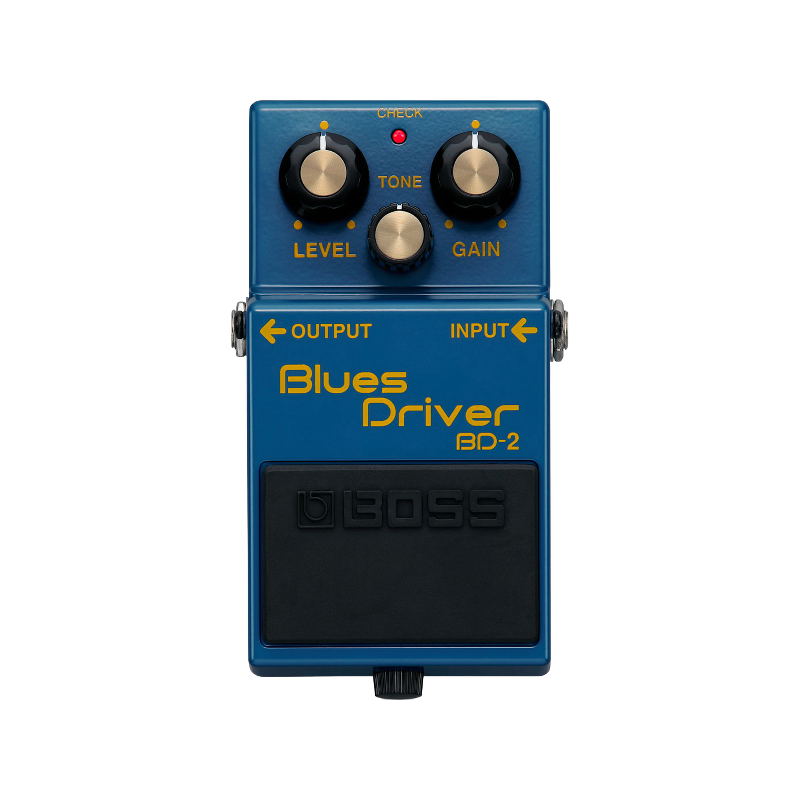 BOSS BD-2 Blues Driver top view, blue enclosure with Level Tone and Gain knobs and black rubber footswitch