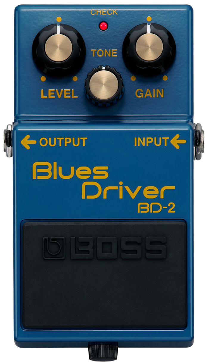 BOSS BD-2 Blues Driver top view, blue enclosure with Level Tone and Gain knobs and black rubber footswitch
