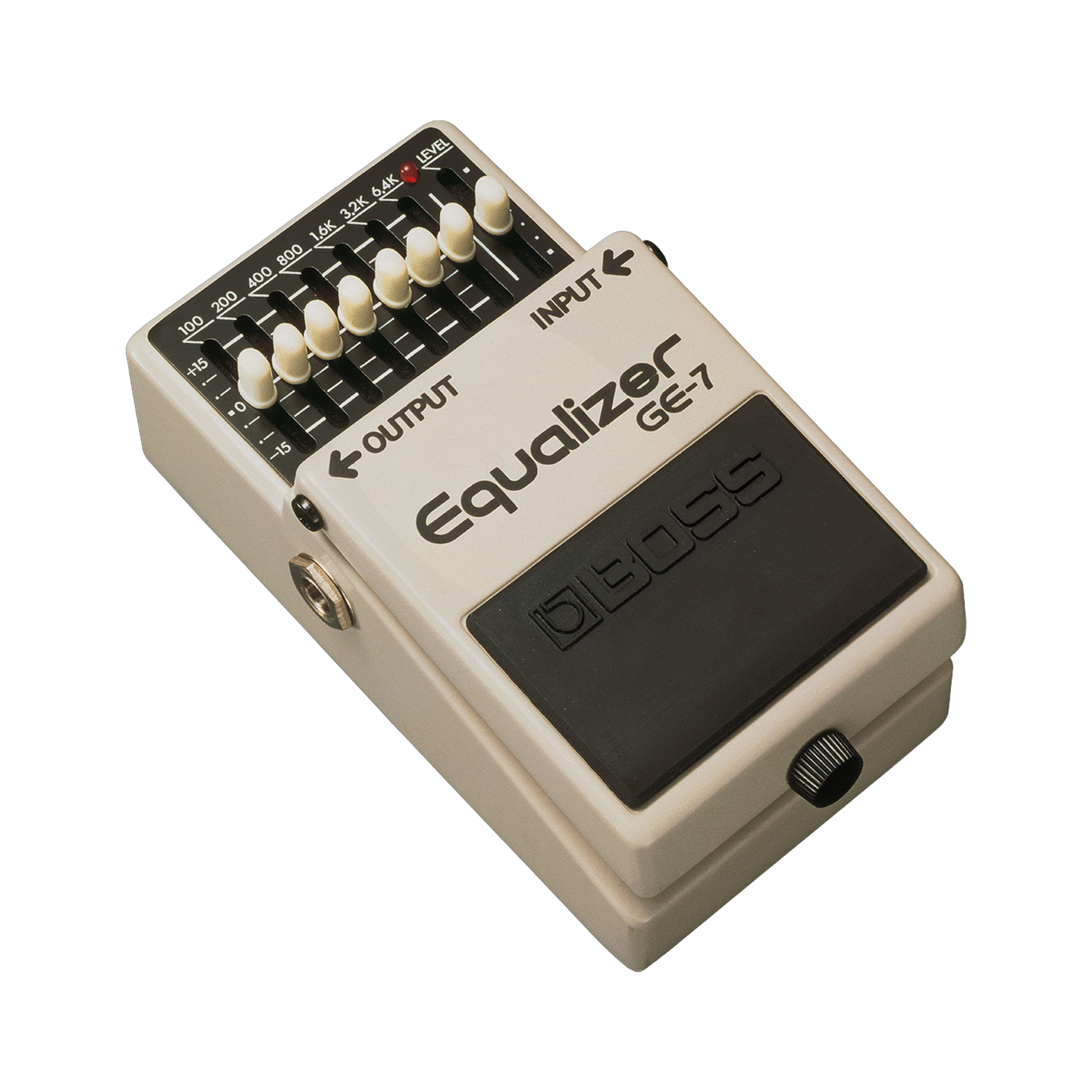 BOSS GE-7 Equalizer, high-angle view, light grey compact enclosure with seven EQ sliders, Level slider and BOSS footswitch pad