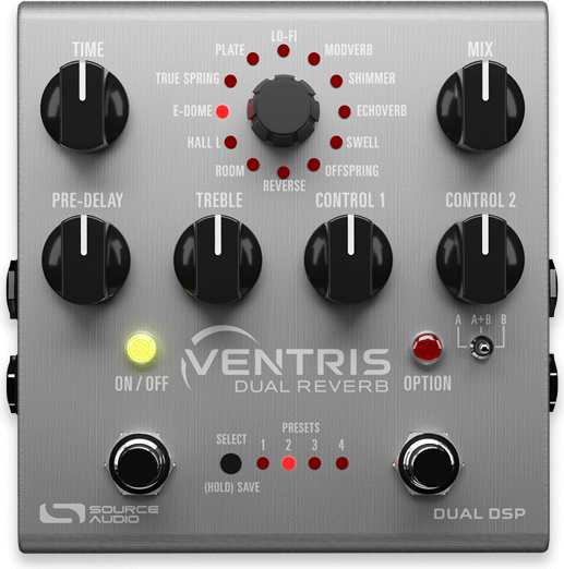 Source Audio Ventris Dual Reverb, top view, brushed silver enclosure, 12-engine selector, A/A+B/B toggle