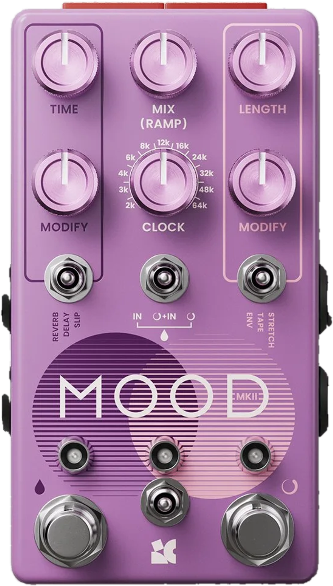 Chase Bliss MOOD MKII, top view, lilac enclosure, Clock knob, three toggles and two footswitches