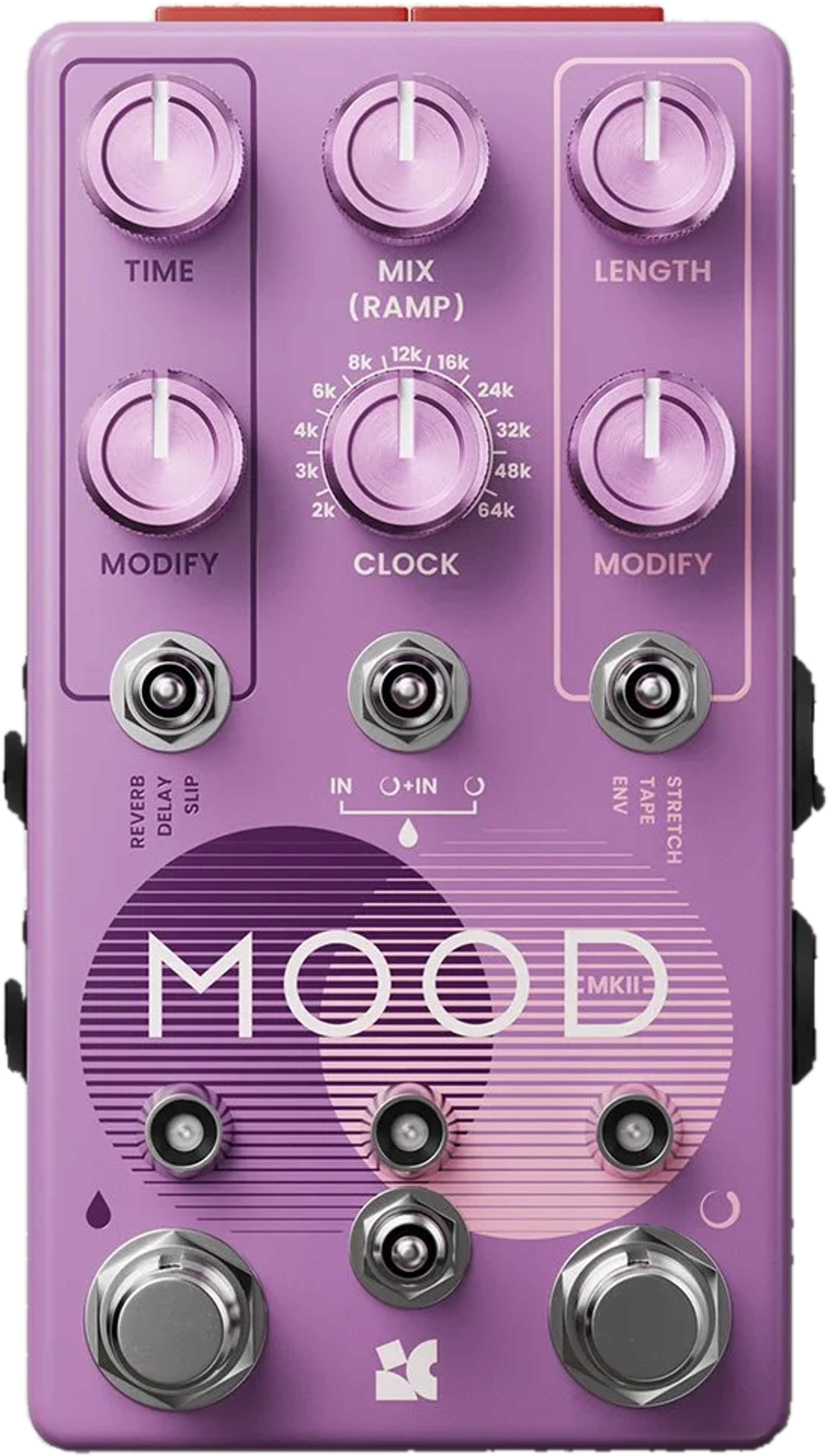 Chase Bliss MOOD MKII, top view, lilac enclosure, Clock knob, three toggles and two footswitches