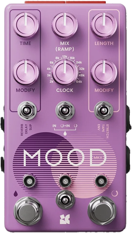 Chase Bliss MOOD MKII, top view, lilac enclosure, Clock knob, three toggles and two footswitches